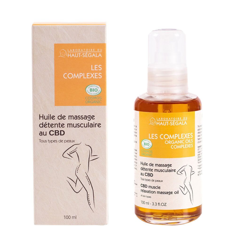 Fles en doos met etiket. Opschrift: Huile de massage détente musculaire au CBD. Bio-certificering.