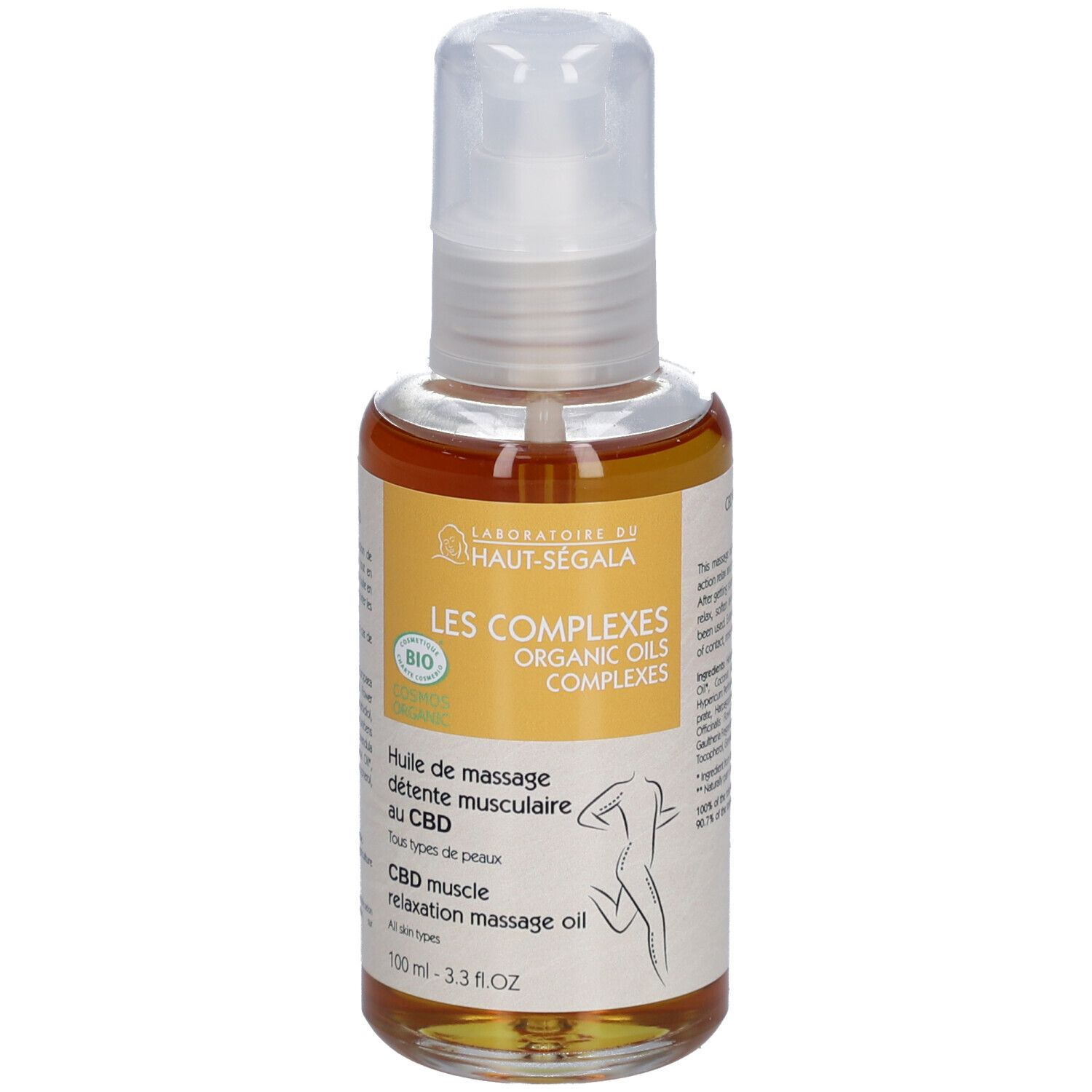Fles met etiket. Opschrift: Huile de massage détente musculaire au CBD. Bio-certificering. 100 ml.