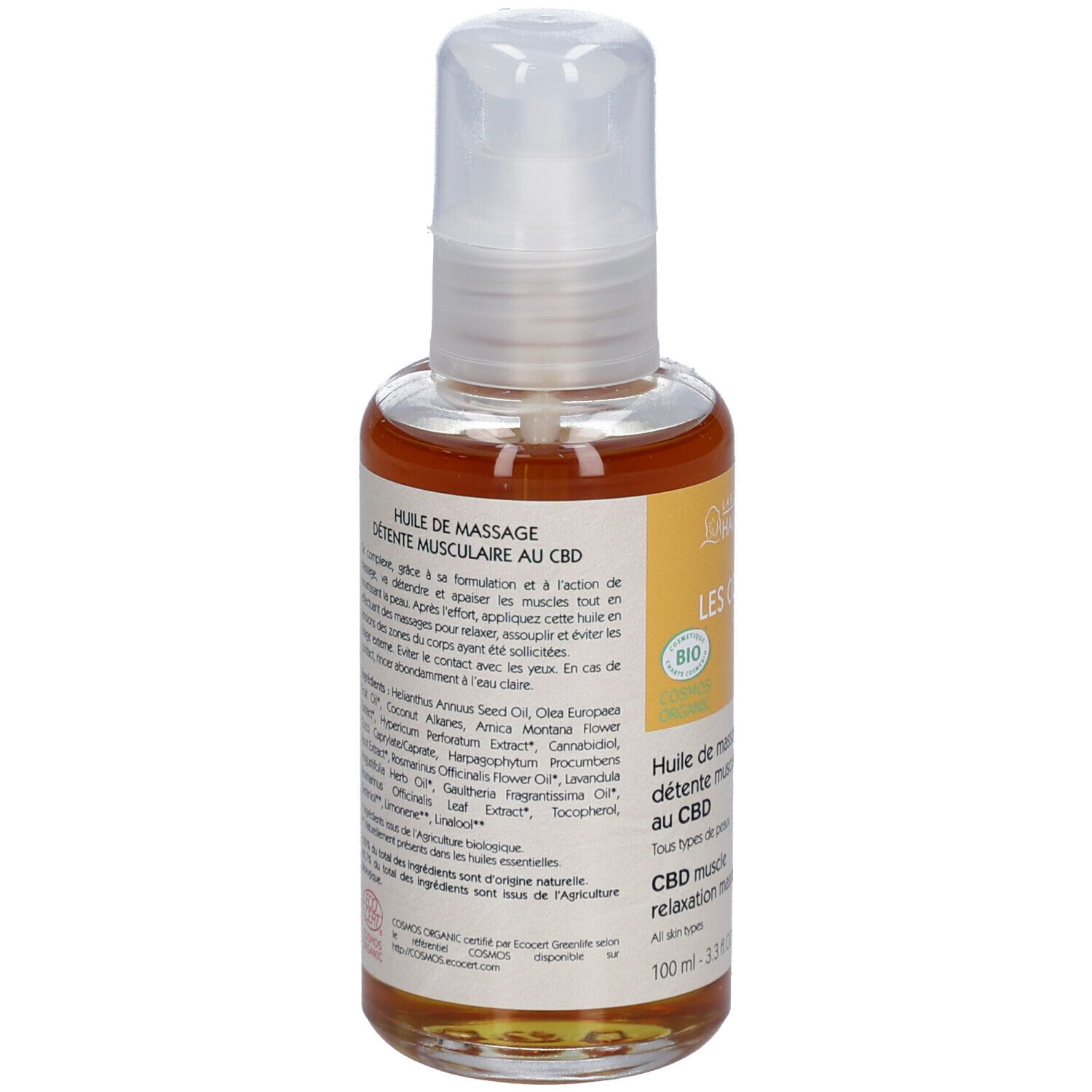 Fles met etiket. Opschrift: Huile de massage détente musculaire au CBD. Bio-certificering. 100 ml.