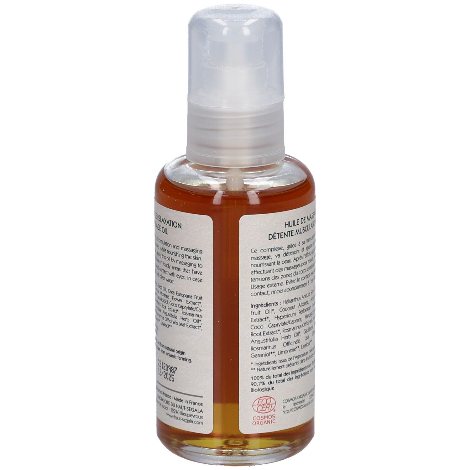 Fles met etiket. Opschrift: Huile de massage détente musculaire au CBD. Bio-certificering. 100 ml.