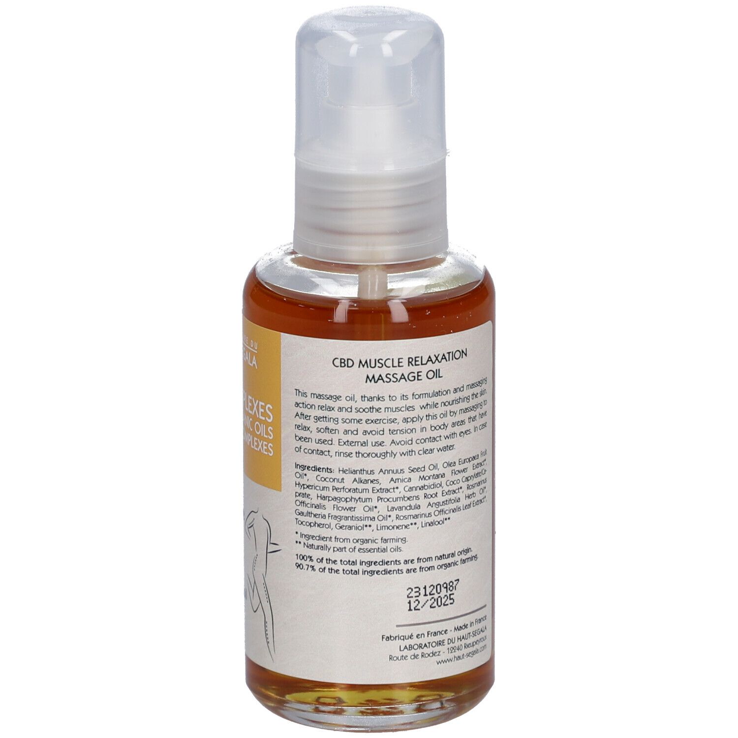 Fles met etiket. Opschrift: Huile de massage détente musculaire au CBD. Bio-certificering. 100 ml.