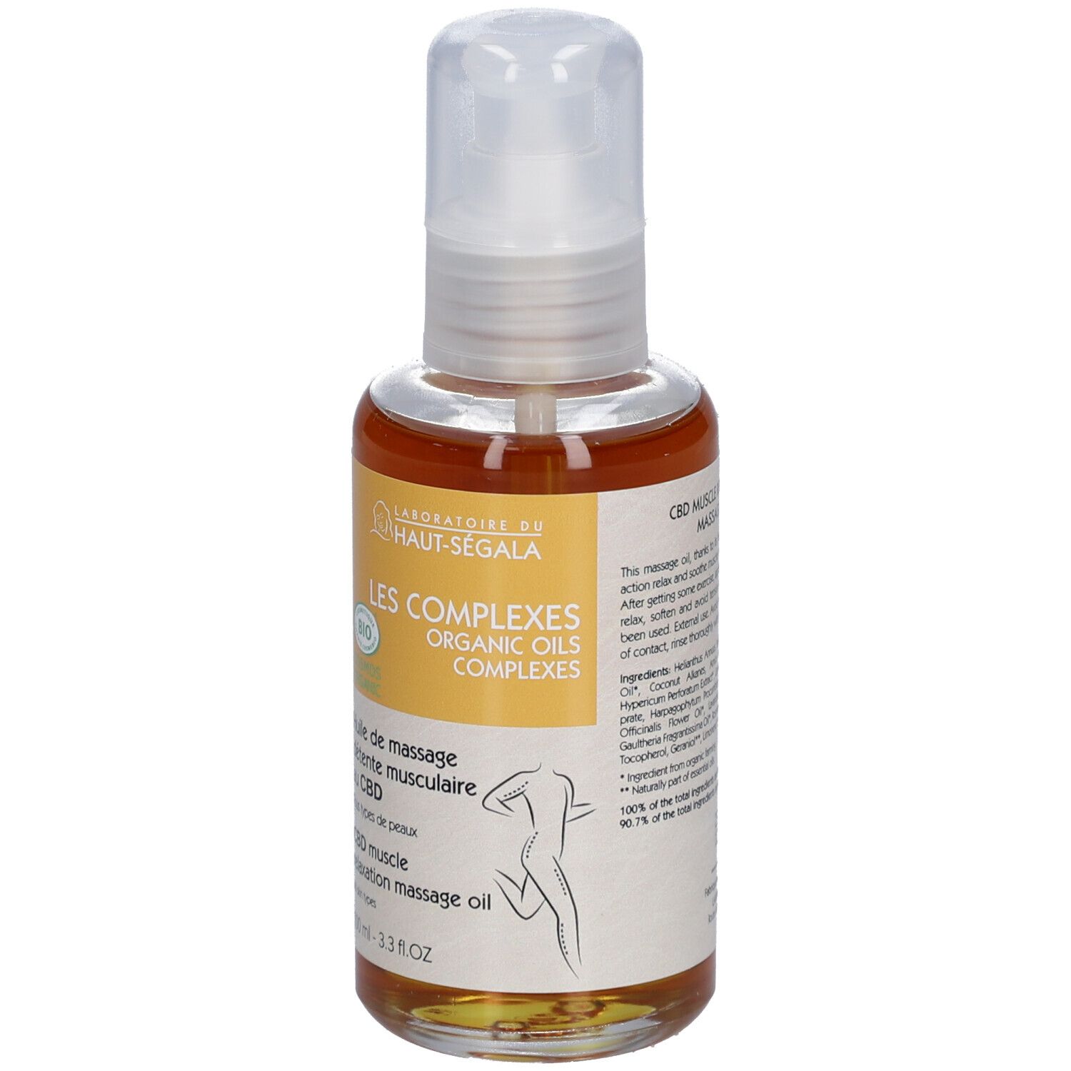 Fles met etiket. Opschrift: Huile de massage détente musculaire au CBD. Bio-certificering. 100 ml.