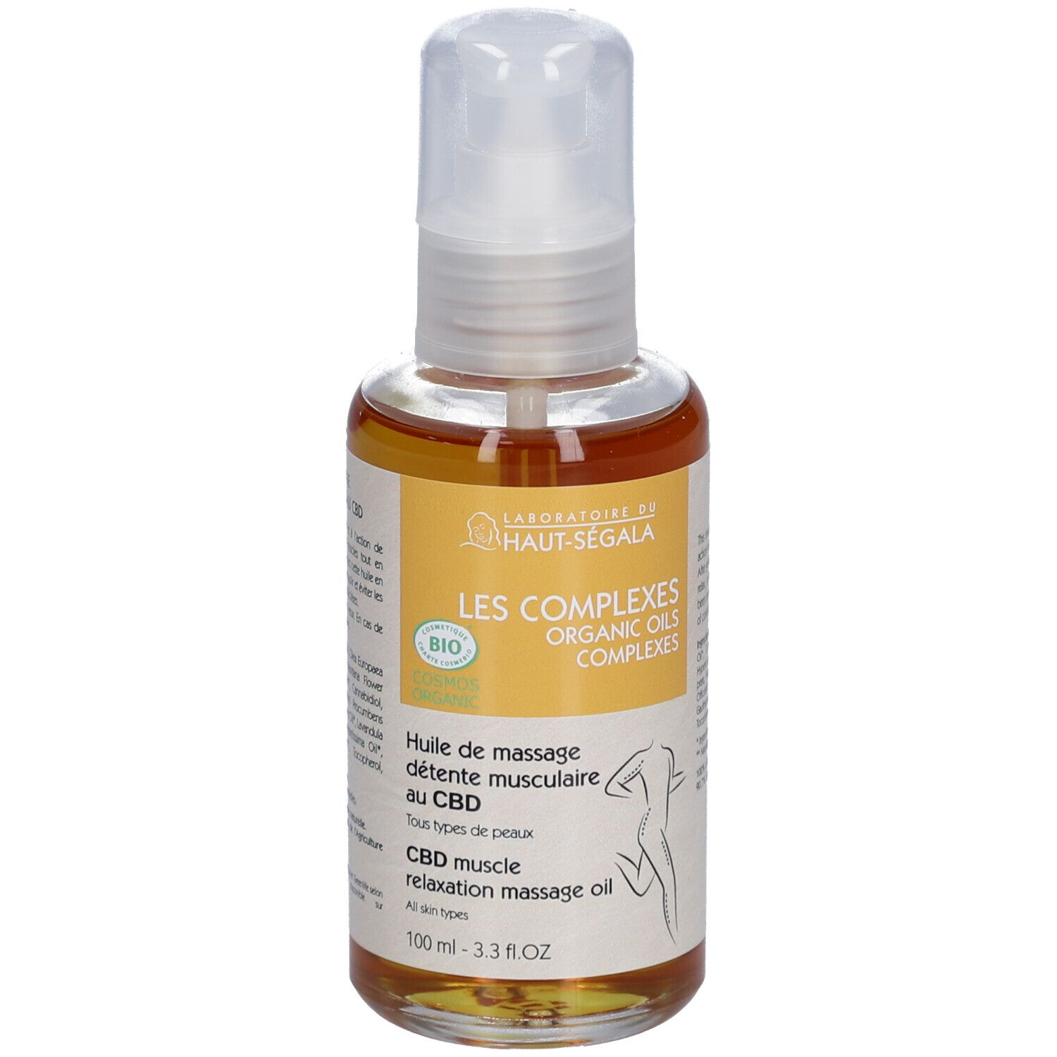 Fles met etiket. Opschrift: Huile de massage détente musculaire au CBD. Bio-certificering. 100 ml.