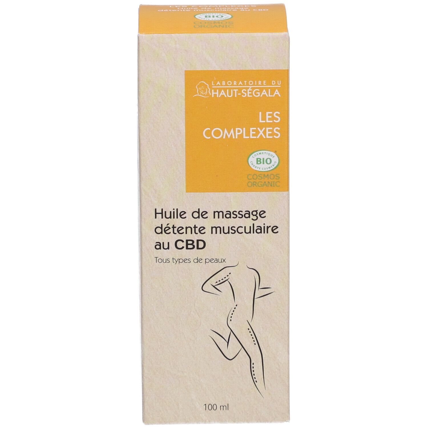 Productverpakking met etiket. Opschrift: Huile de massage détente musculaire au CBD. Bio-certificering. 100 ml.