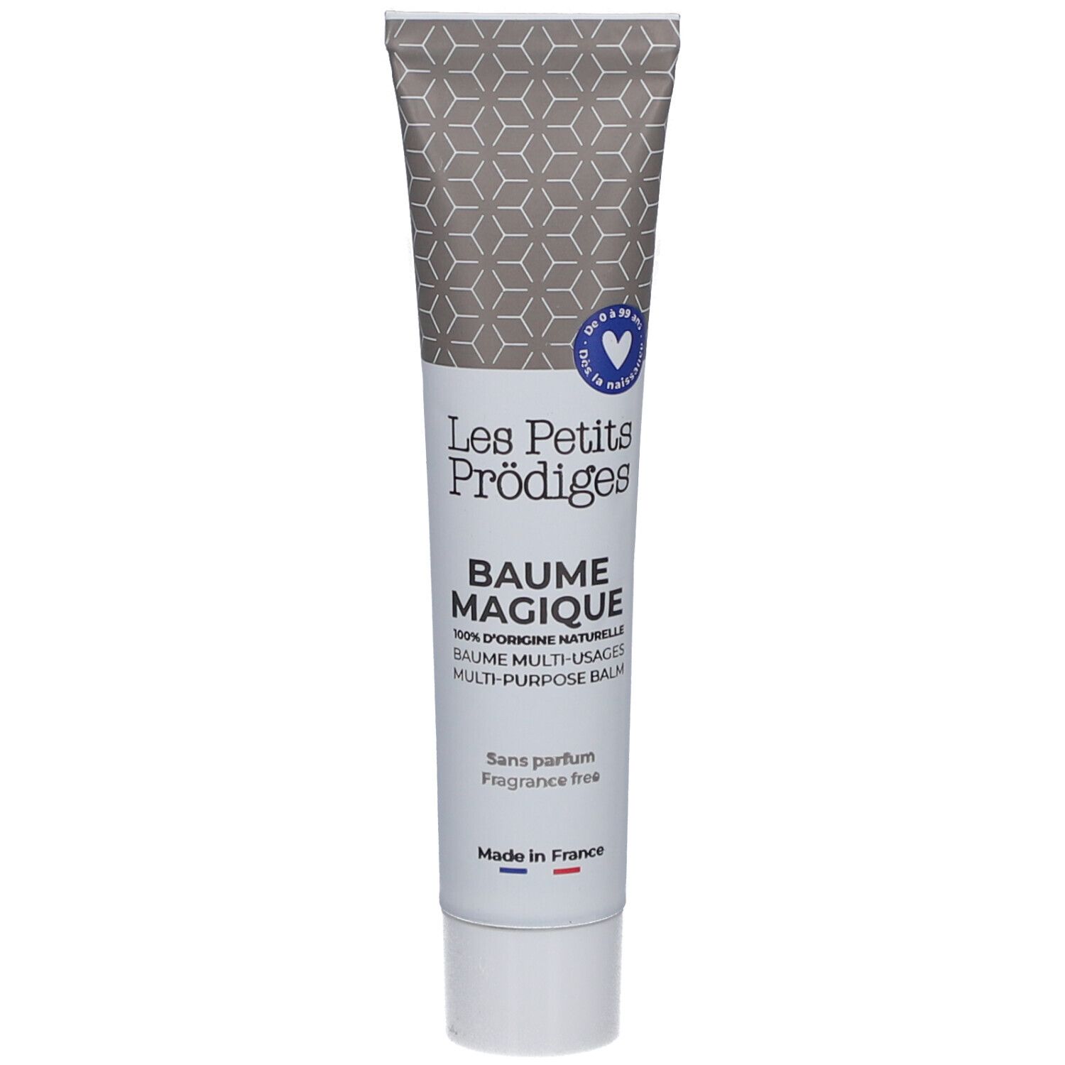 Witte en grijze tube. Tekst: Baume Magique, Sans parfum, Made in France. Blauw hart logo.