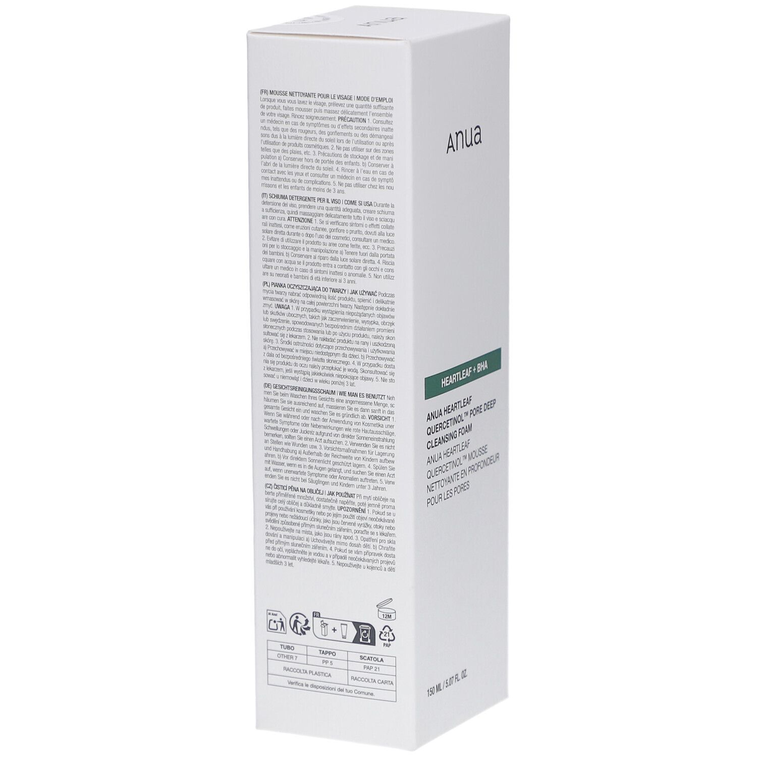 Emballage rectangulaire blanc. Inscription : Anua, Heartleaf + BHA, Quercetinol Pore Deep Cleansing Foam. Texte sur le côté.