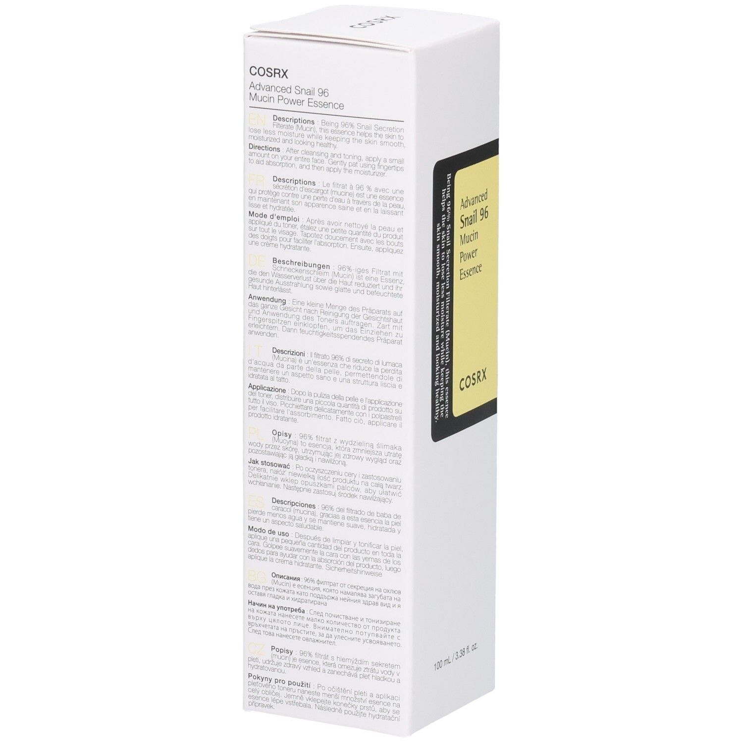 Emballage COSRX Advanced Snail 96 Mucin Power Essence, côté avec informations produit multilingues.