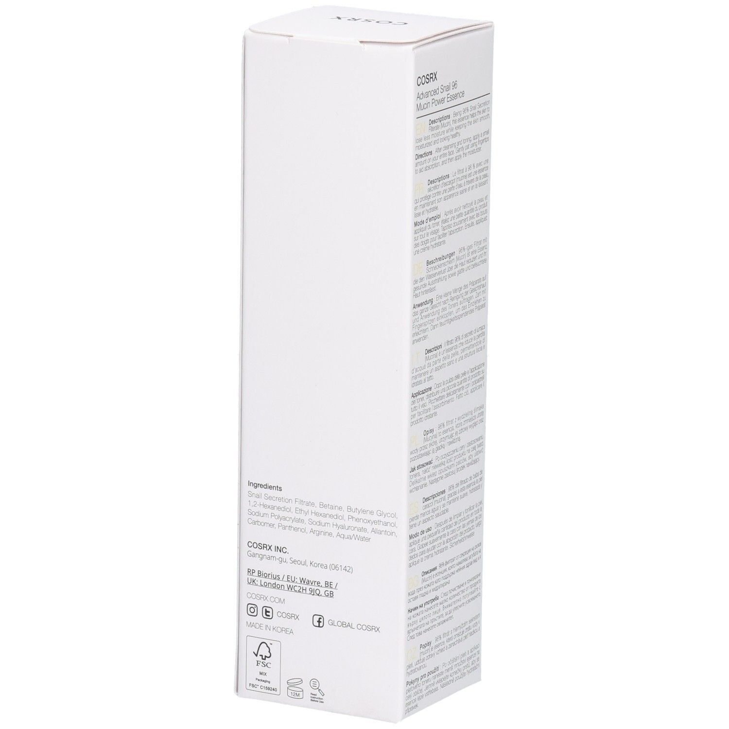 Emballage COSRX Advanced Snail 96 Mucin Power Essence, côté avec ingrédients et informations fabricant.