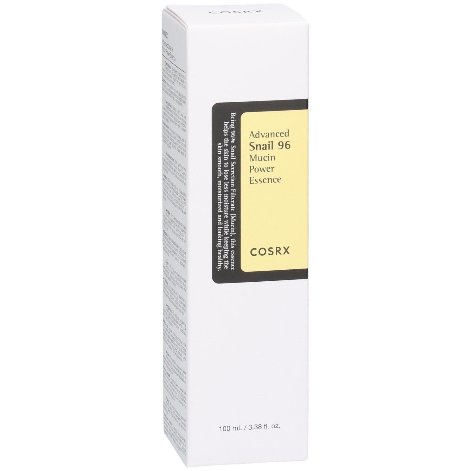 Emballage COSRX Advanced Snail 96 Mucin Power Essence, face avant avec étiquette jaune, nom produit et logo COSRX.