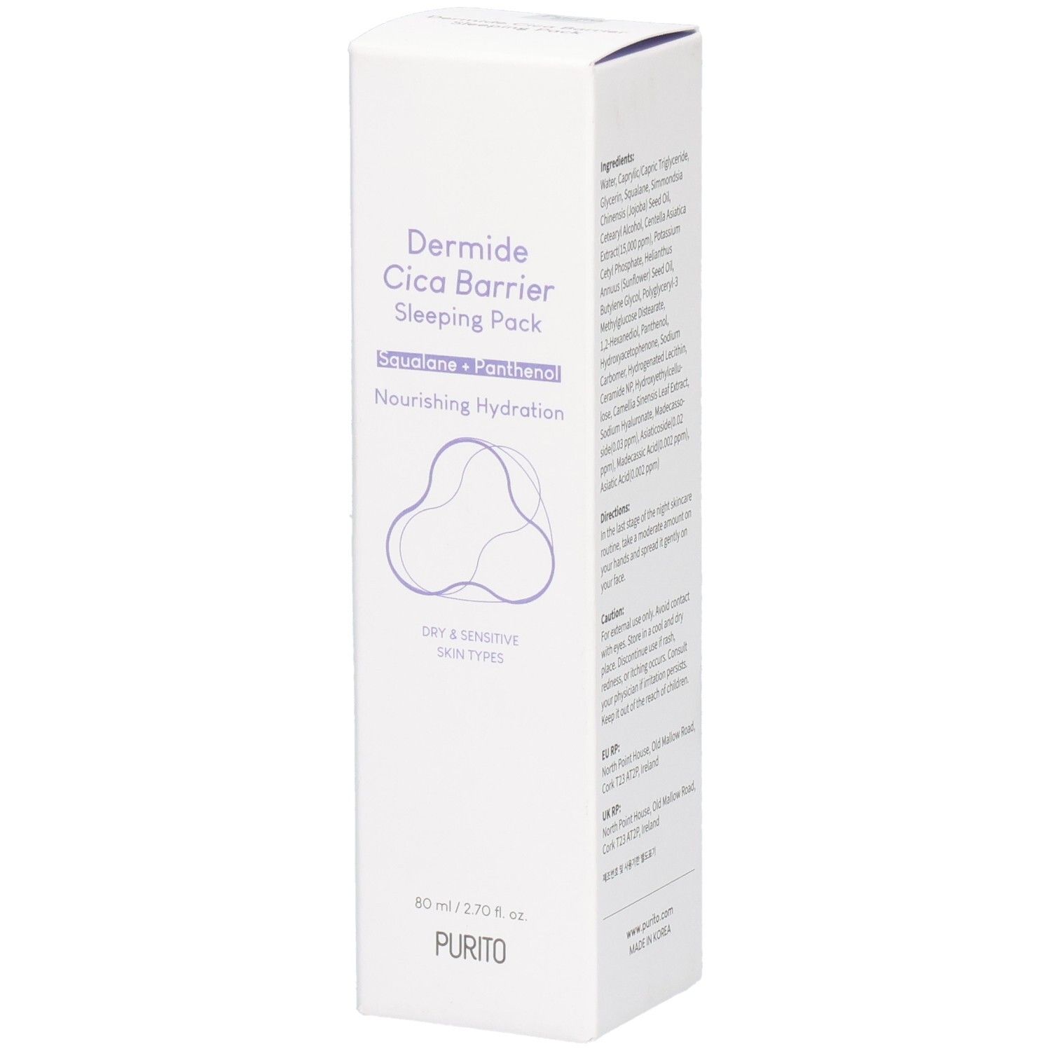 Witte productverpakking met productnaam en logo. Tekst: Dermide Cica Barrier Sleeping Pack, Squalane + Panthenol, Nourishing Hydration, Dry & Sensitive Skin Types.
