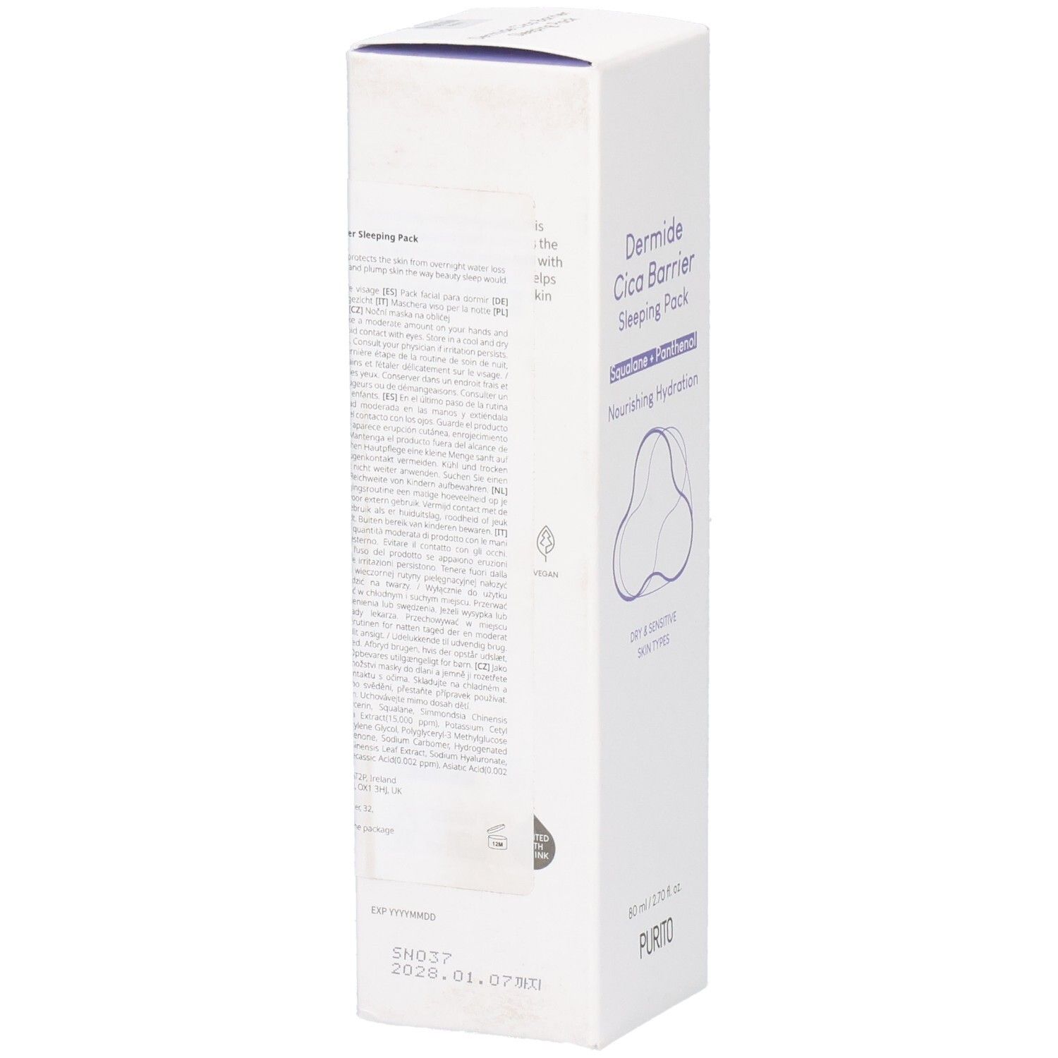 Zijaanzicht van witte productverpakking. Tekst en ingrediënten zichtbaar. Logo en productnaam ook aanwezig.