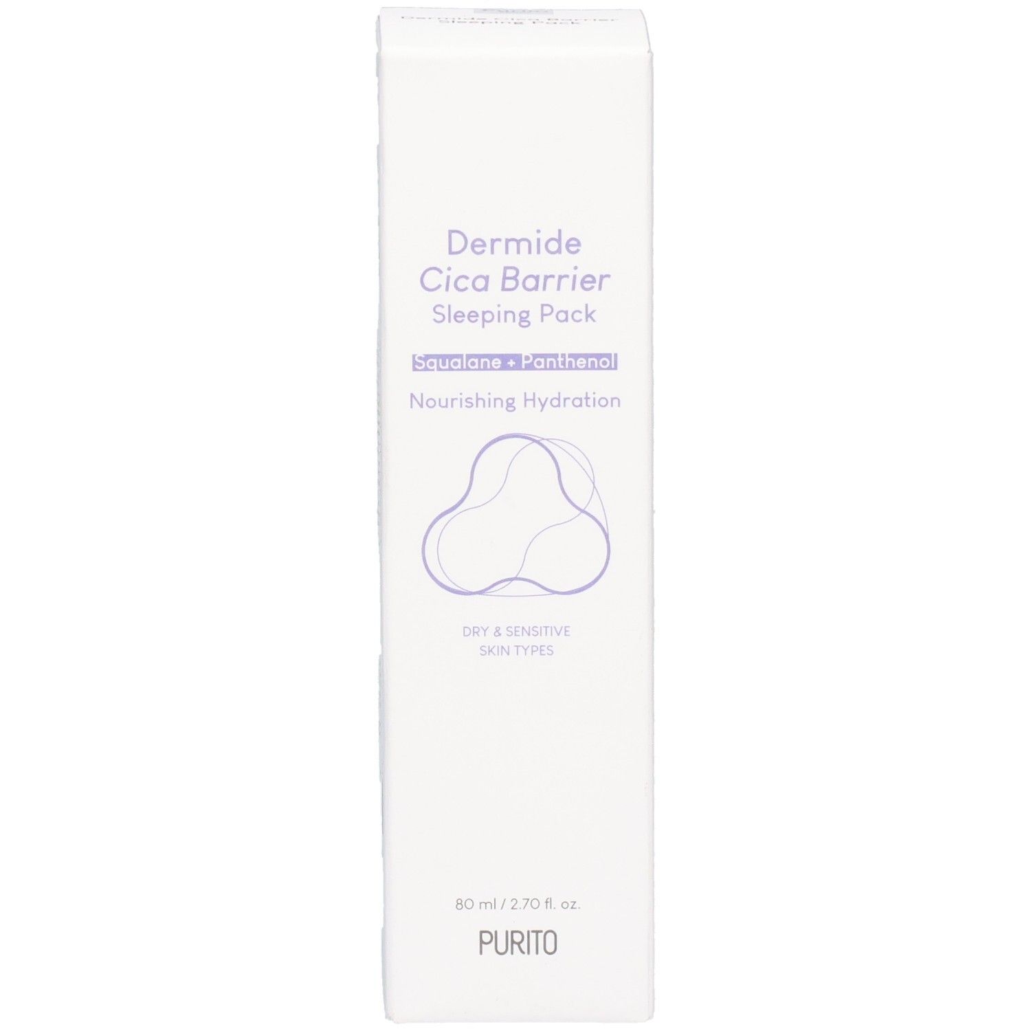 Witte productverpakking met productnaam en logo. Tekst: Dermide Cica Barrier Sleeping Pack, Squalane + Panthenol, Nourishing Hydration, Dry & Sensitive Skin Types.