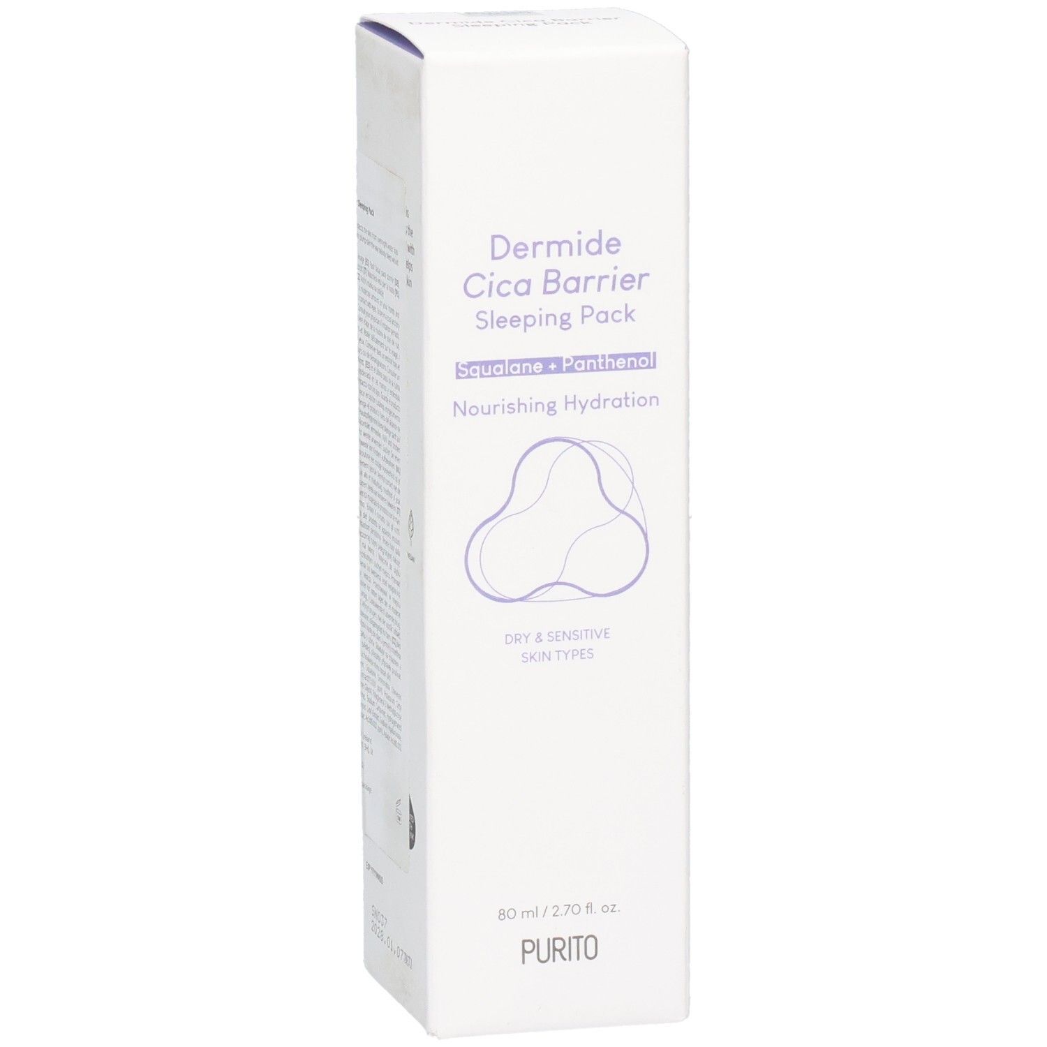 Witte productverpakking met productnaam en logo. Tekst: Dermide Cica Barrier Sleeping Pack, Squalane + Panthenol, Nourishing Hydration, Dry & Sensitive Skin Types.