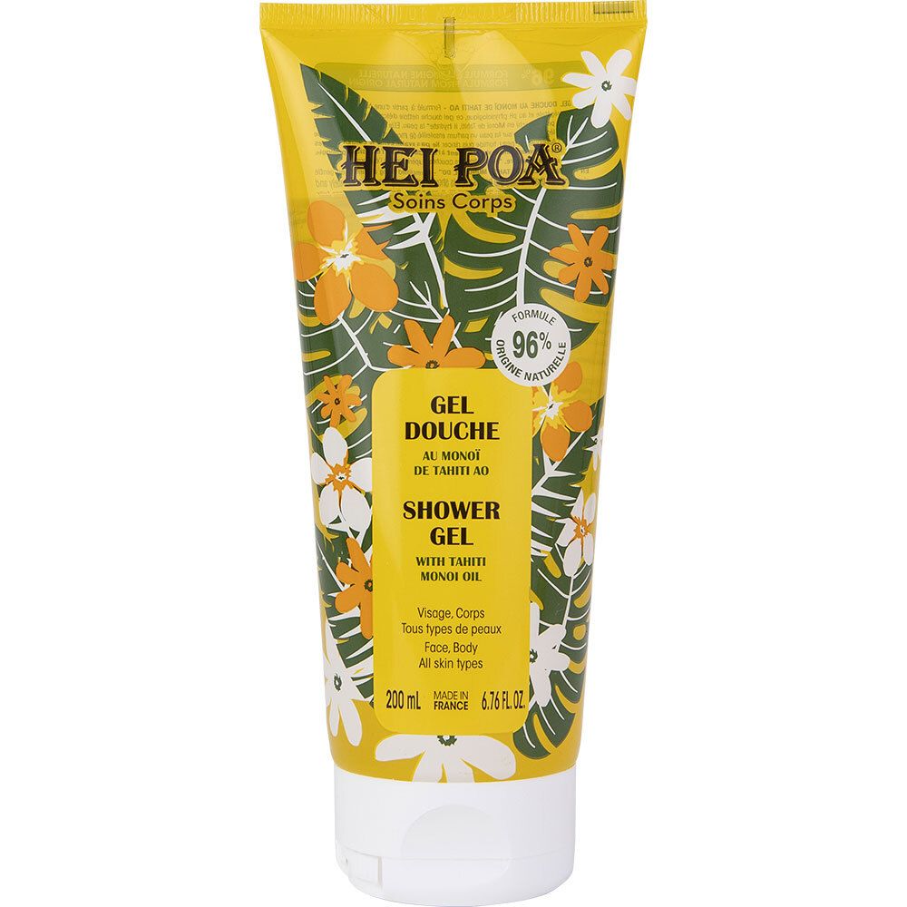 Douchegel-tube met bloemenontwerp en productnaam. Bevat 96% ingrediënten van natuurlijke oorsprong. Met Monoi-olie.