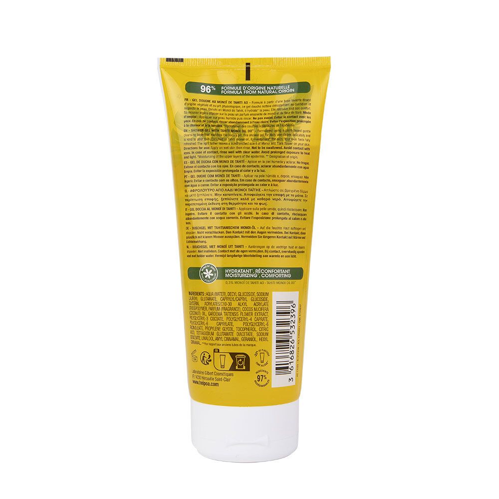 Achterkant van de douchegel-tube. Bevat tekstinformatie, ingrediënten en certificeringen. Gele tube met witte dop.
