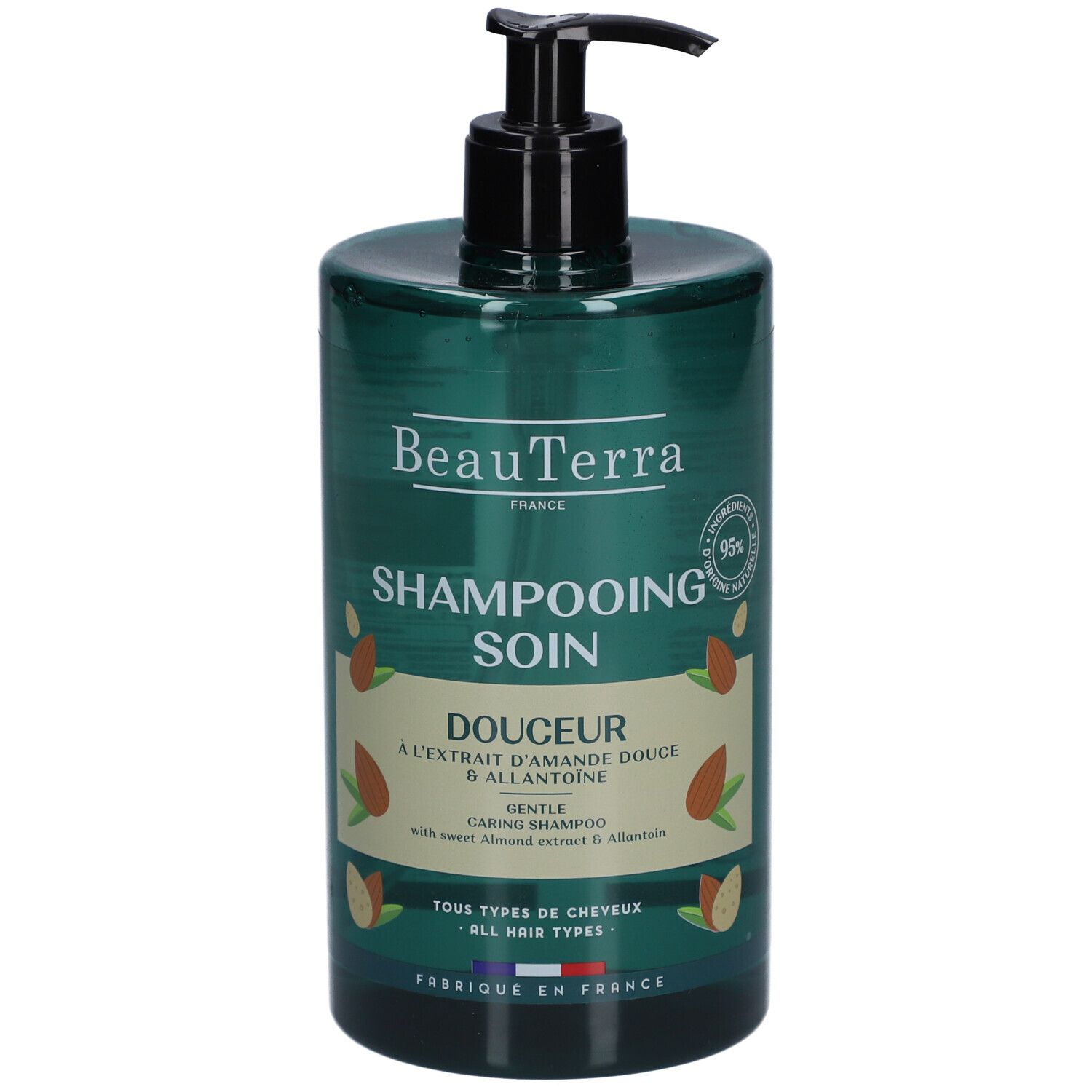 Flacon de shampooing vert avec pompe noire. Inscription: Beauterra, Shampooing Soin Douceur.