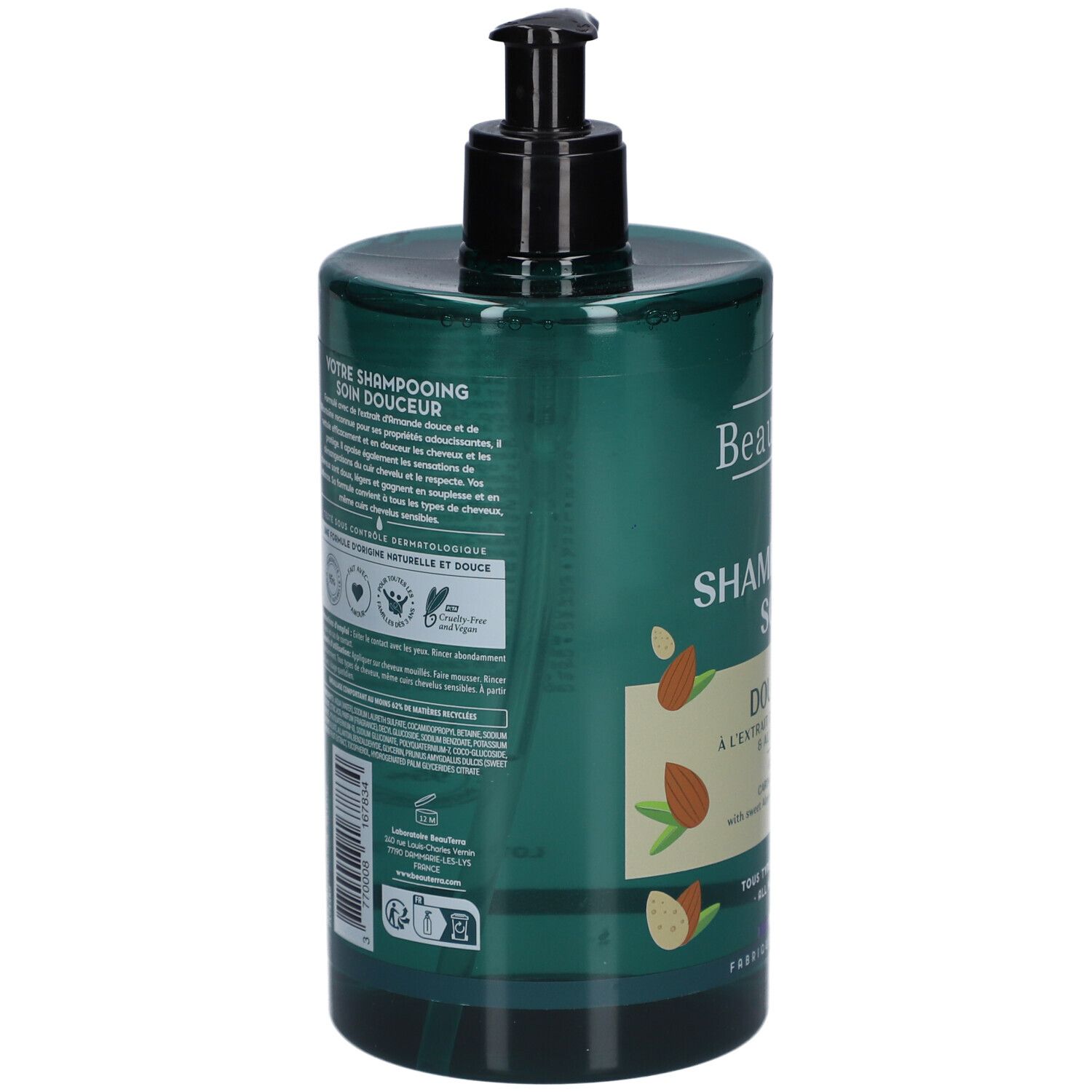 Flacon de shampooing vert avec pompe noire. Dos avec texte et logos.