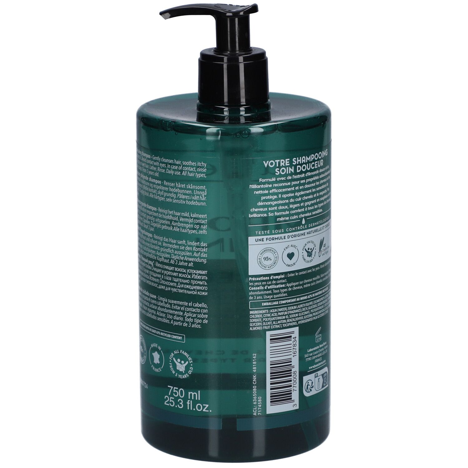 Flacon de shampooing vert avec pompe noire. Dos avec texte et logos.