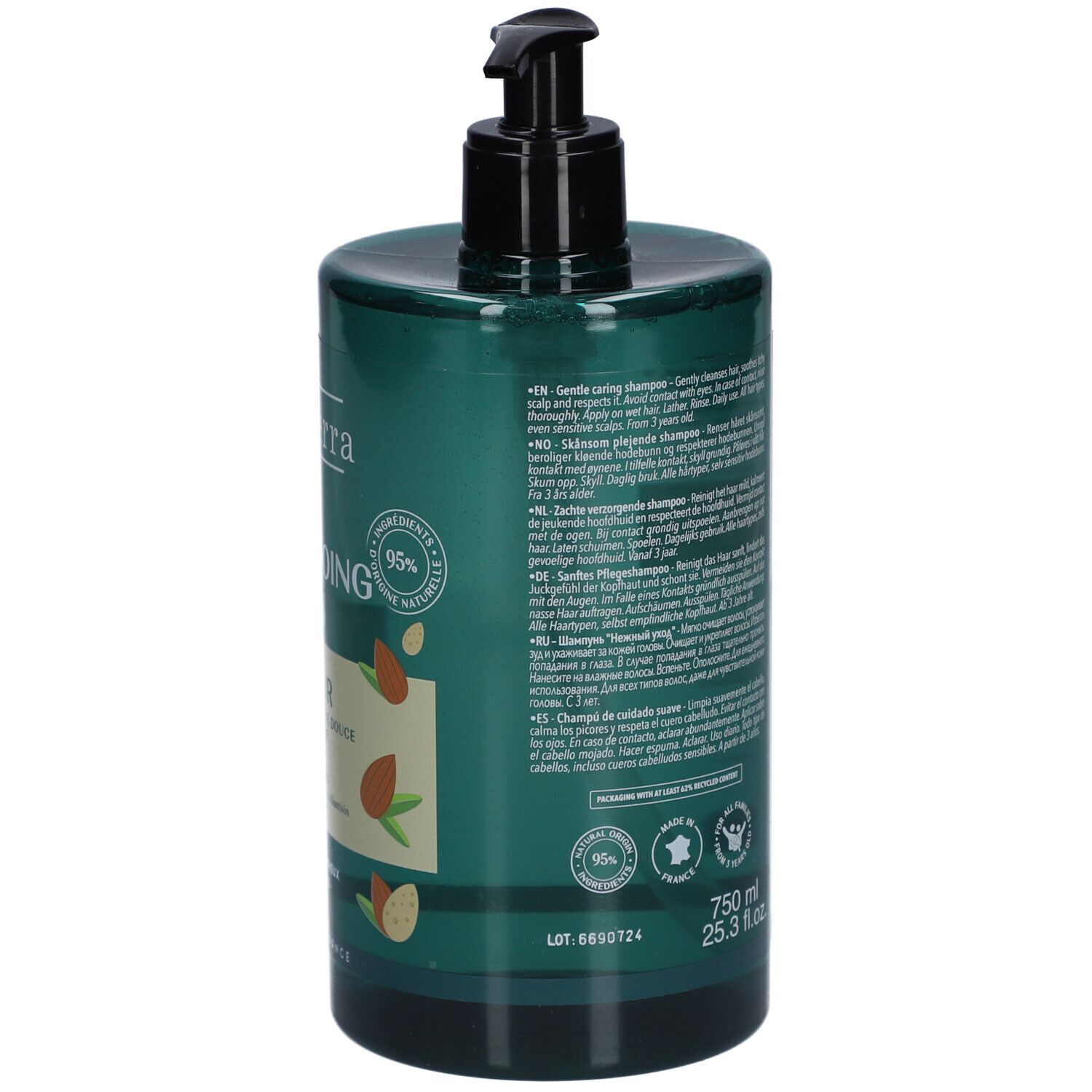 Flacon de shampooing vert avec pompe noire. Dos avec texte, logos et 750 ml.