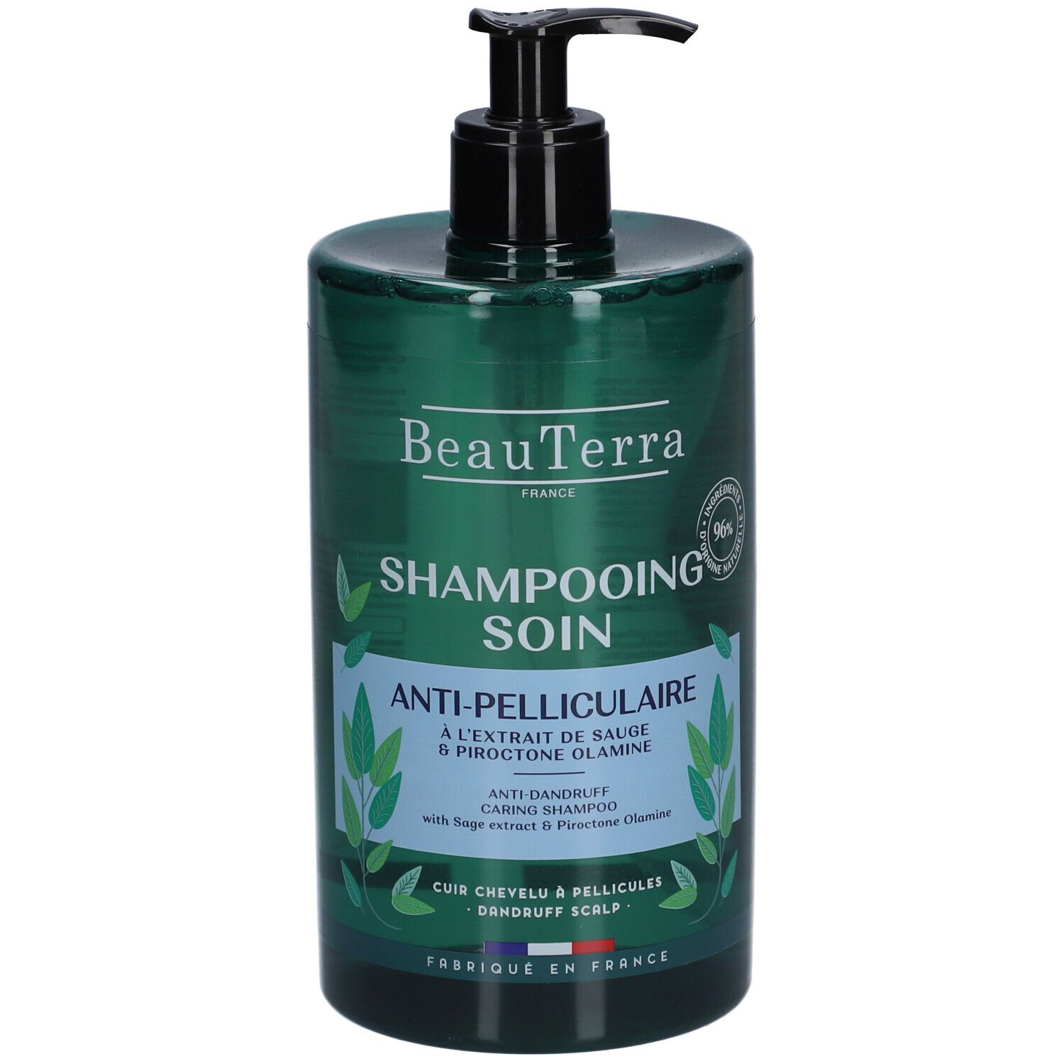 Flacon vert avec pompe noire. Inscription: BeauTerra, Shampooing Soin Anti-Pelliculaire. Contient extrait de sauge.