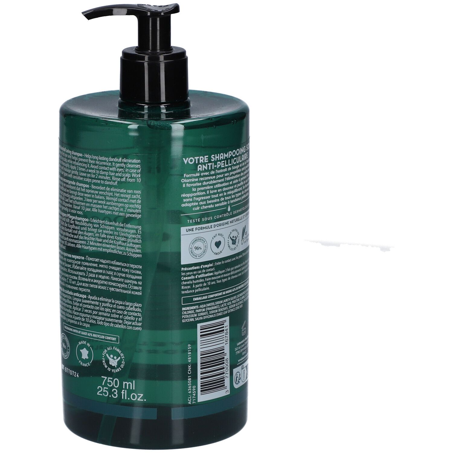 Flacon vert avec pompe noire. Inscription: 750 ml, 25.3 fl oz. Texte en français. Logos et certifications.