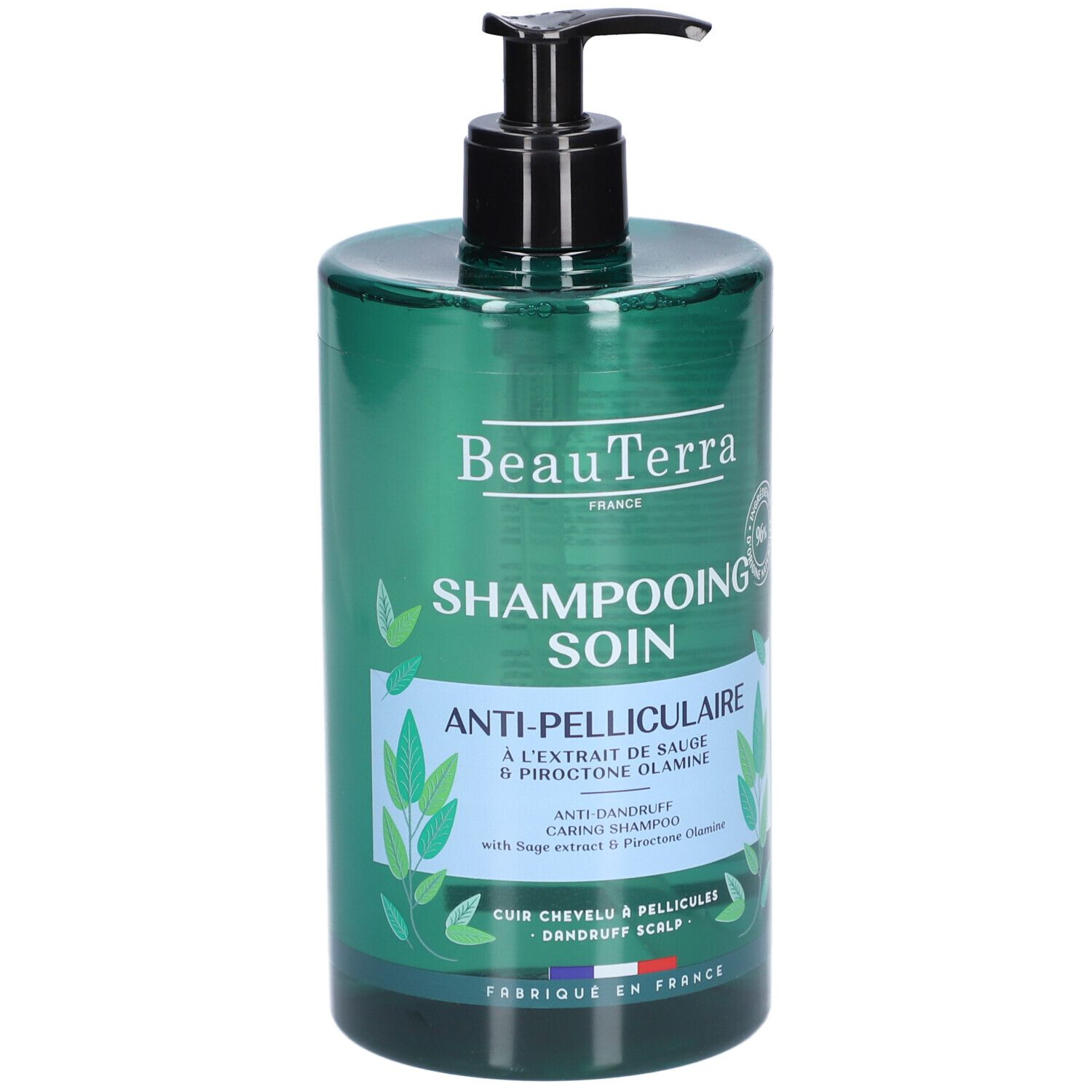 Flacon vert avec pompe noire. Inscription: BeauTerra, Shampooing Soin Anti-Pelliculaire. Contient extrait de sauge.