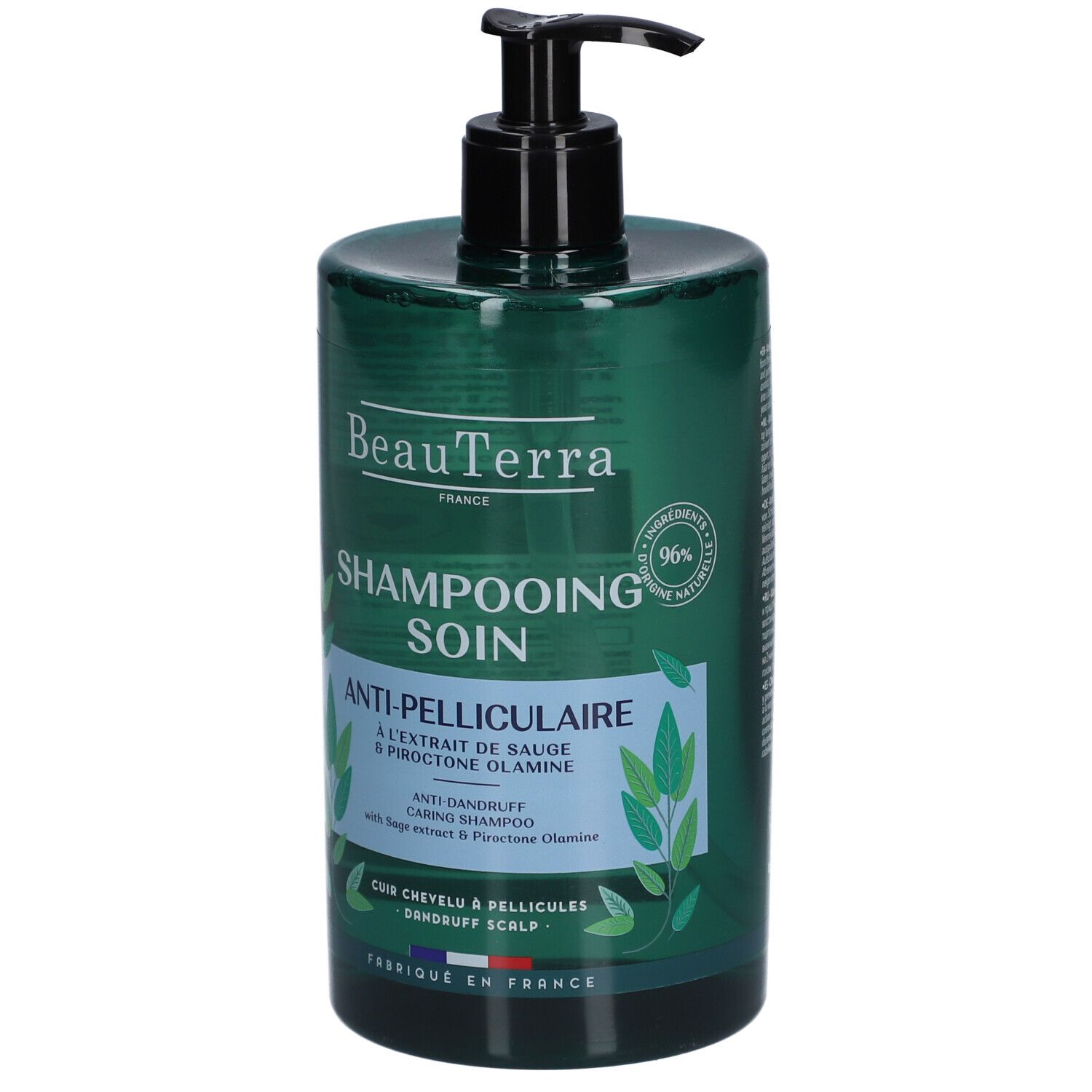 Flacon vert avec pompe noire. Inscription: BeauTerra, Shampooing Soin Anti-Pelliculaire. 96% ingrédients d'origine naturelle.