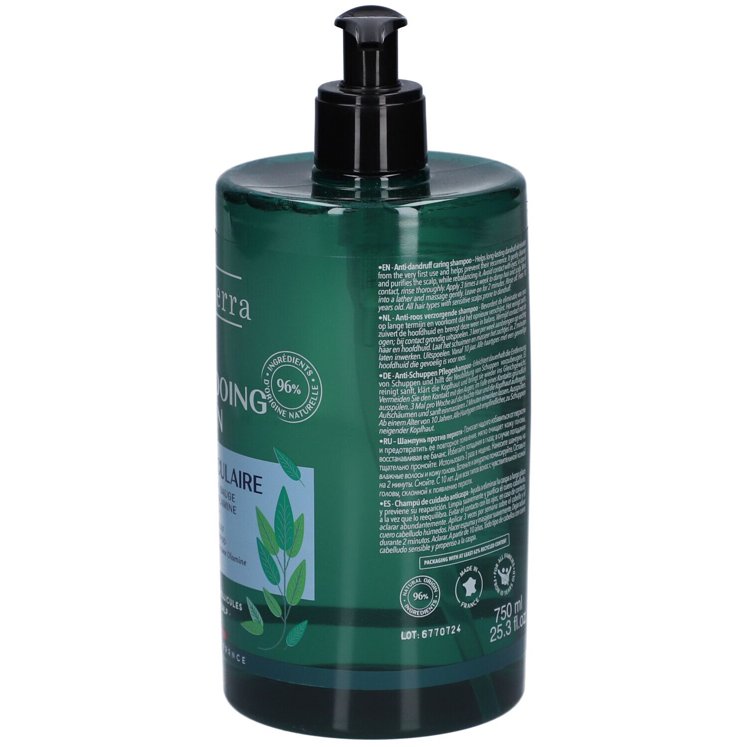 Dos du flacon vert avec texte. Pompe noire. Inscription: 750 ml. 96% ingrédients d'origine naturelle.