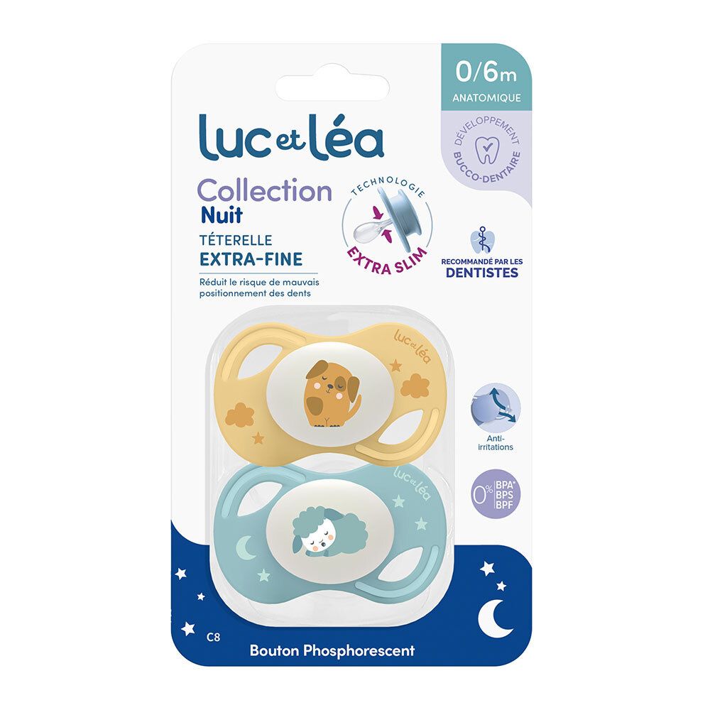 Twee fopspenen Luc et Léa, 0/6m, anatomisch, in verpakking. Geel en blauw, hond en schaap. Extra dun.