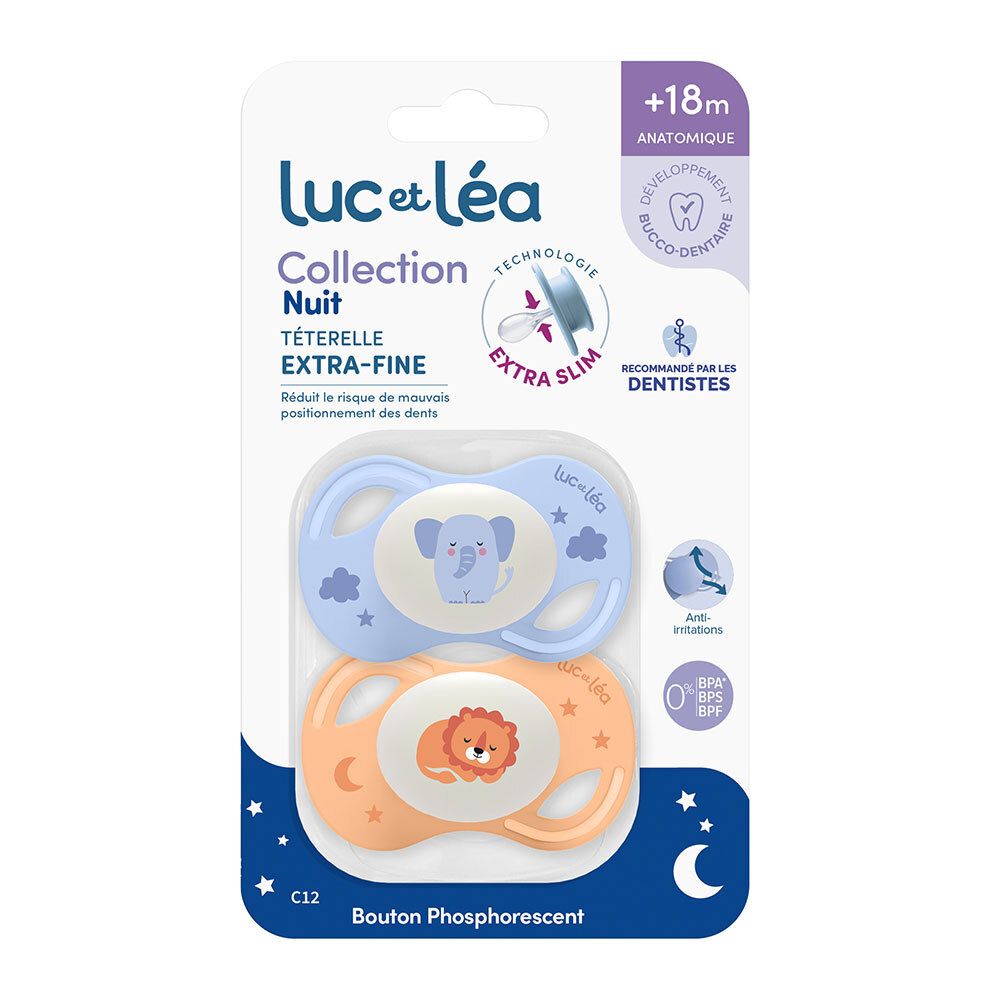 Twee fopspenen Luc et Léa in verpakking. Blauw en oranje, dierenontwerpen. Extra dun, anatomisch, +18 maanden. Aanbevolen door tandartsen.