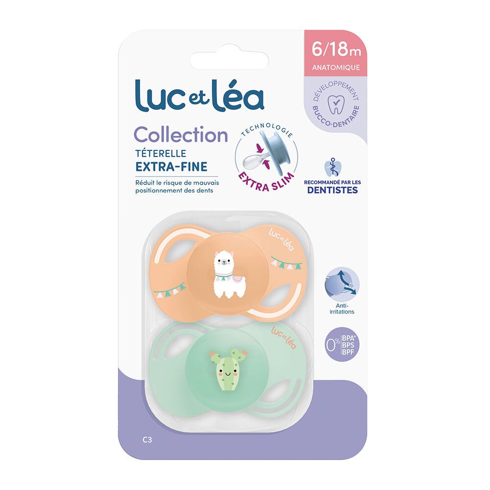 Twee anatomische fopspenen Luc et Léa, 6/18m, verpakt. Lama- en cactusmotief. Extra-fijn. Aanbevolen door tandartsen.