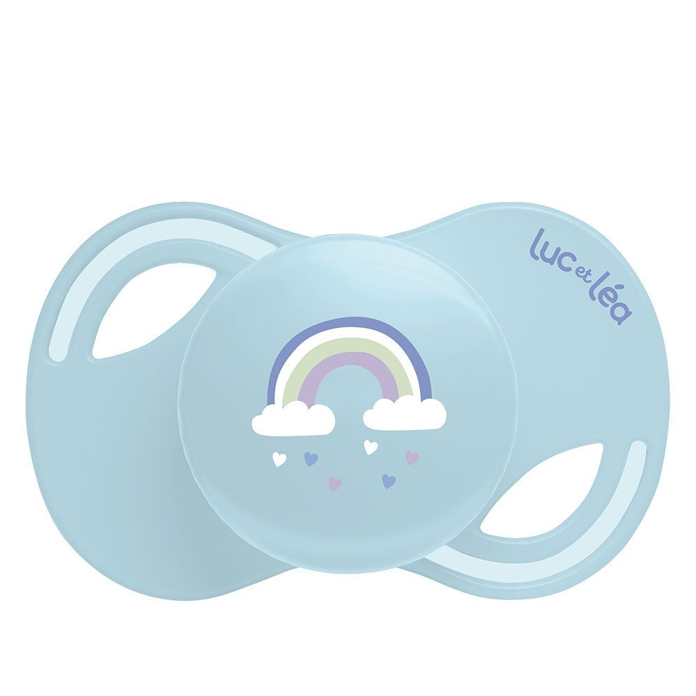 Blauwe fopspeen van Luc et Léa met regenboog. Anatomische vorm.