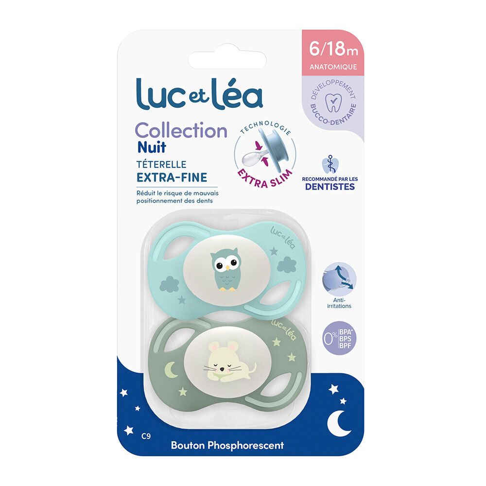 Twee anatomische nachtfopspenen Luc et Léa, 6/18m, extra fijn, met uil- en muismotieven, in verpakking.