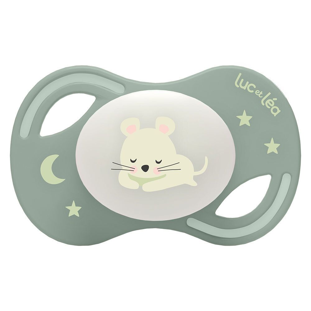 Groene anatomische nachtfopspeen met muis. Merk Luc et Léa. Extra fijn. Met maan en sterren.