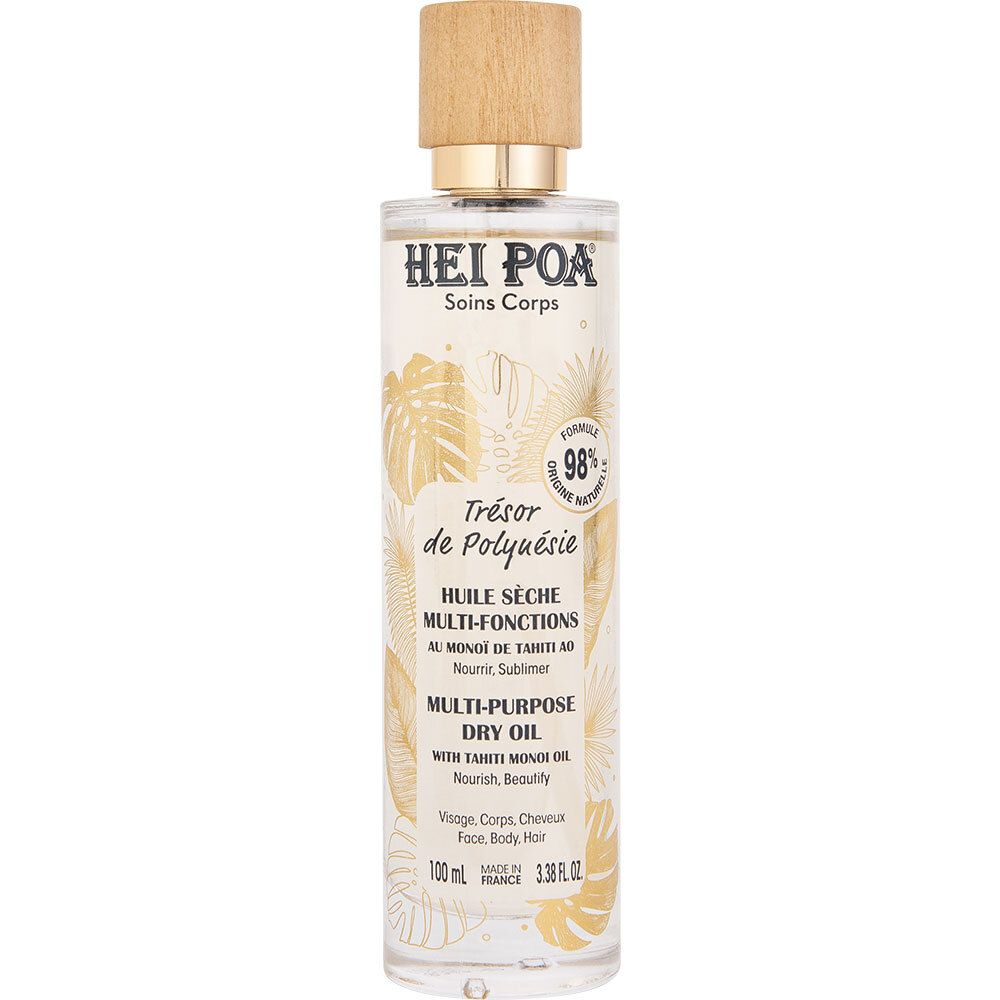 HEI POA droge olie fles. Houten dop, gouden ring. Etiket met tekst en gouden bladeren. 100 ml.