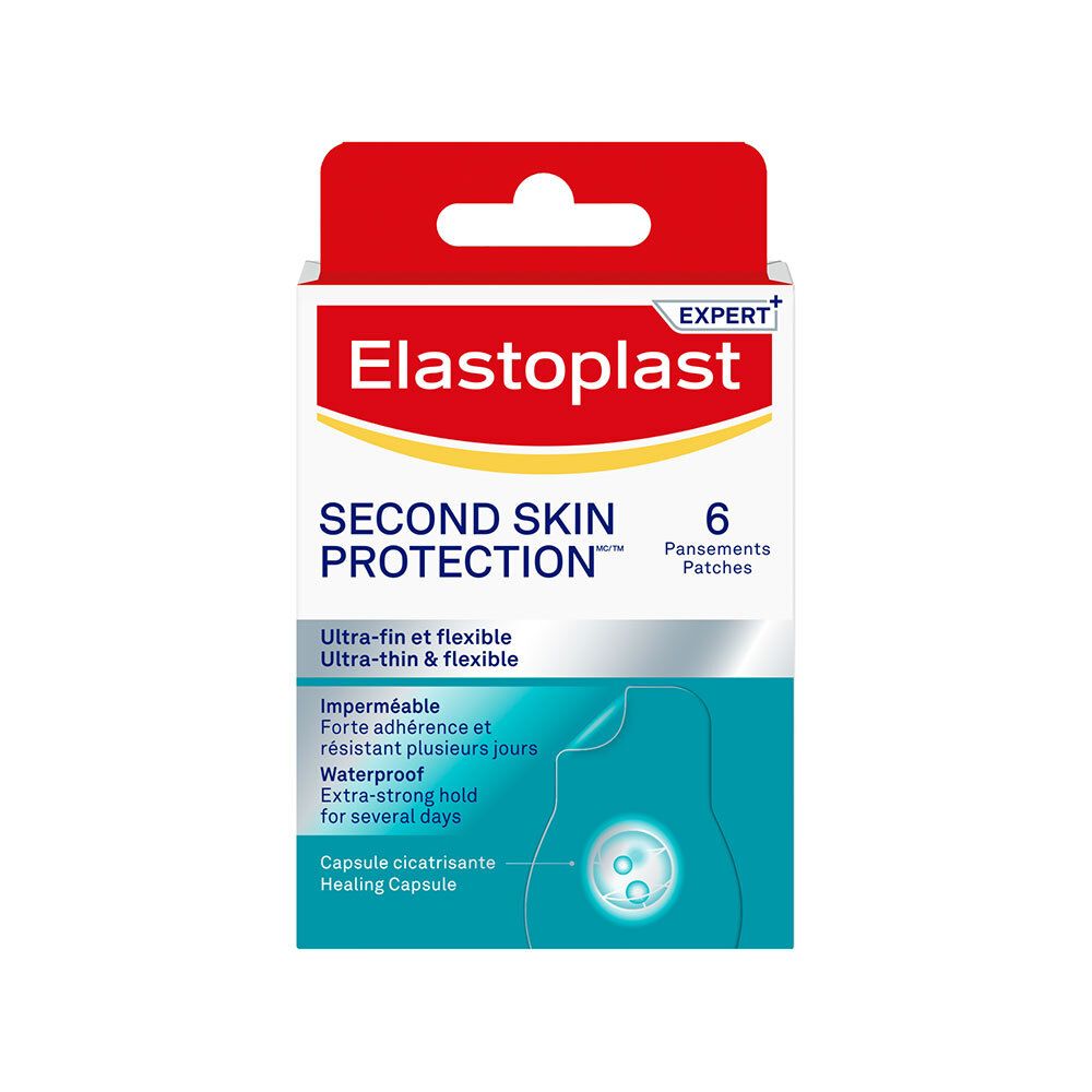 Verpakking met 6 pleisters. Merk: Elastoplast. Tekst: Second Skin Protection, ultra-dun & flexibel, waterdicht.