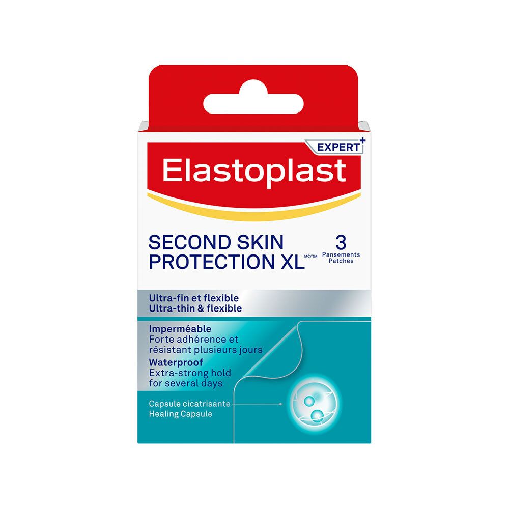 Verpakking van ELASTOPLAST Second Skin Protection XL, 3 pleisters. Wit, rood en blauw. Tekst: Ultra-dun & flexibel, waterdicht.