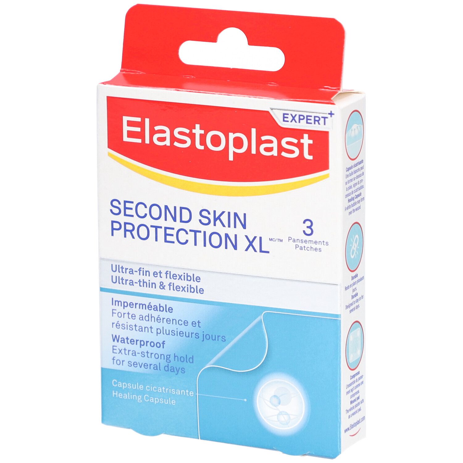 Verpakking ELASTOPLAST Second Skin Protection XL, 3 pleisters. Rode en witte doos met productinformatie.