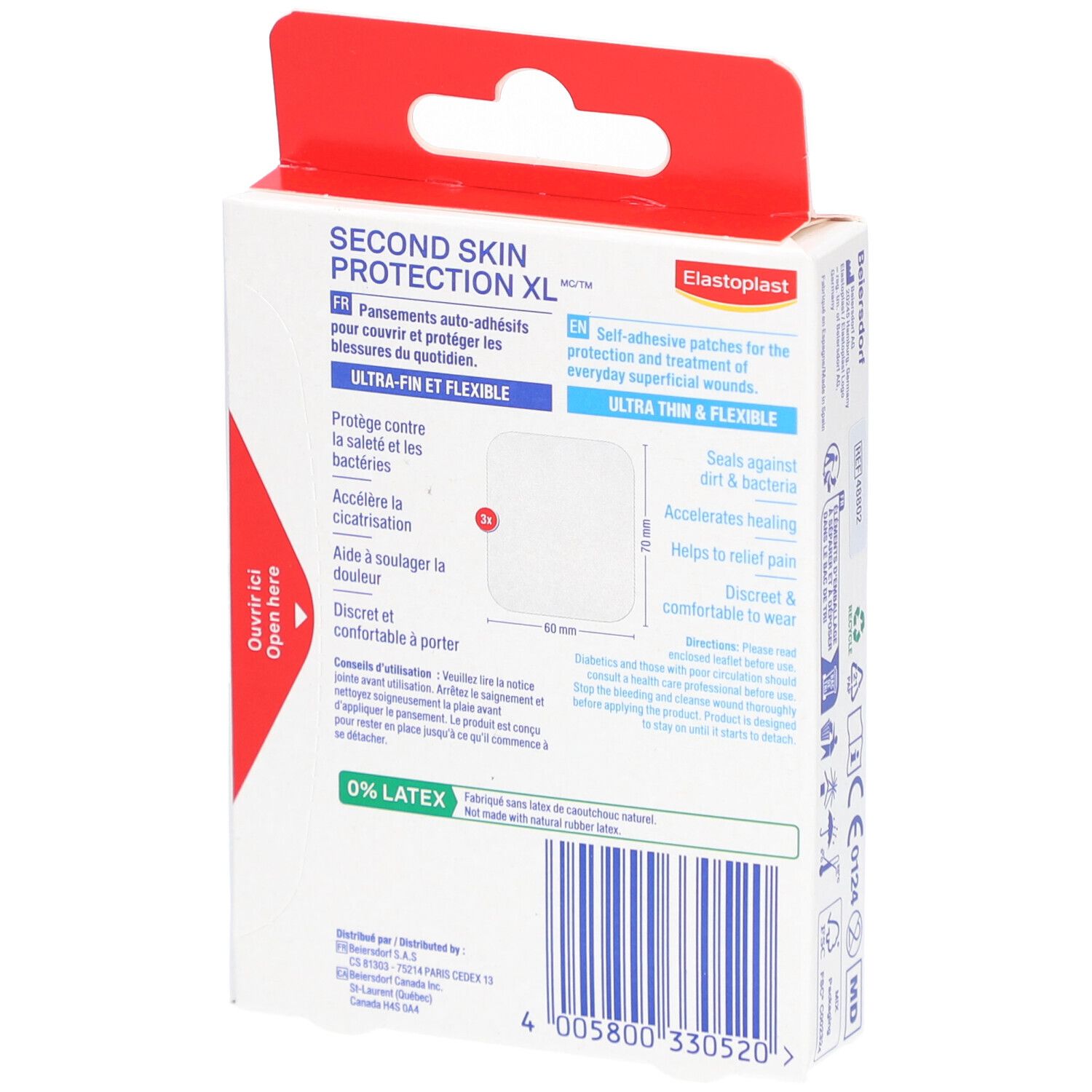 Achterkant van de ELASTOPLAST Second Skin Protection XL verpakking. Productinformatie, afbeeldingen en tekst.