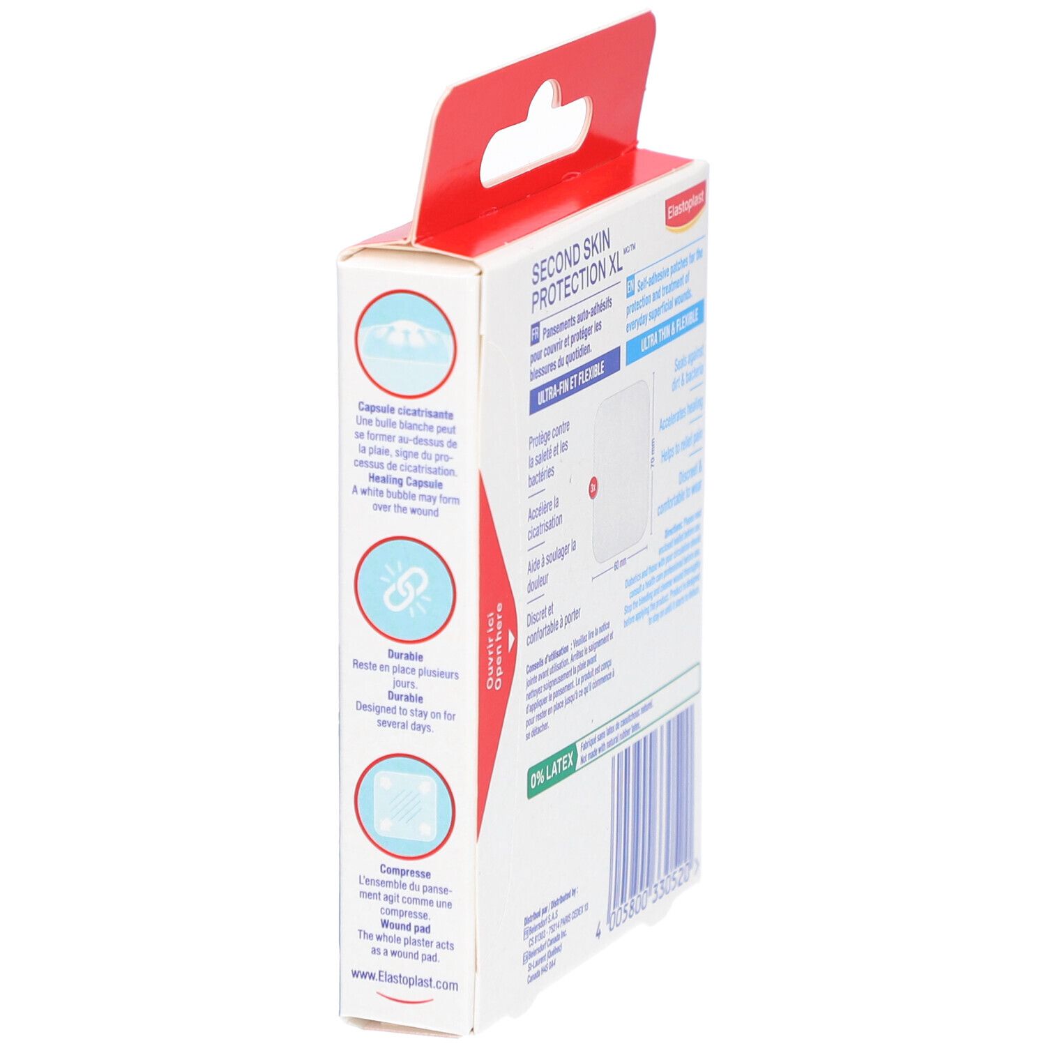 Zijaanzicht van de ELASTOPLAST Second Skin Protection XL verpakking. Productinformatie en afbeeldingen.