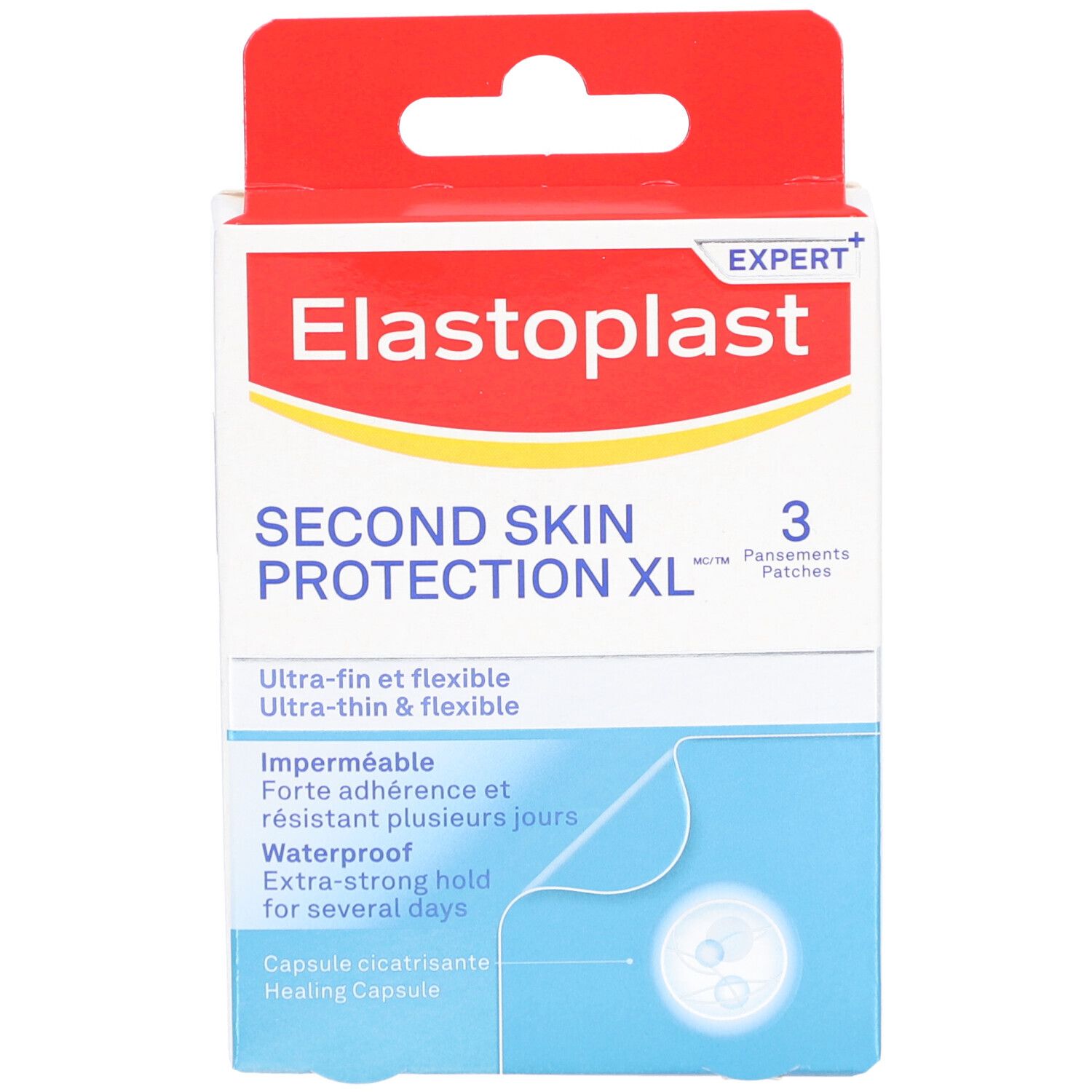 ELASTOPLAST Second Skin Protection XL verpakking. Witte en rode doos met productinformatie en 3 pleisters.