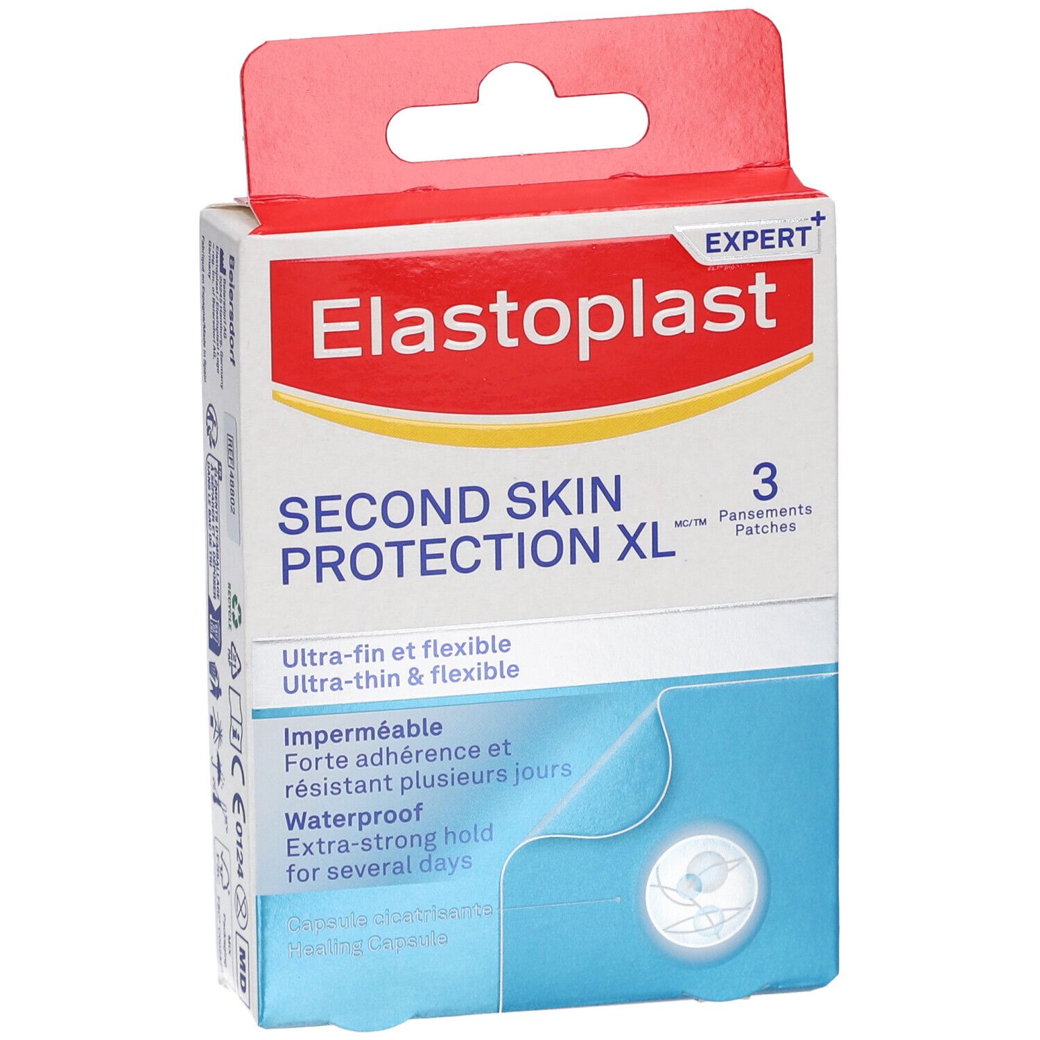 ELASTOPLAST Second Skin Protection XL verpakking. Witte en rode doos met productinformatie en 3 pleisters.