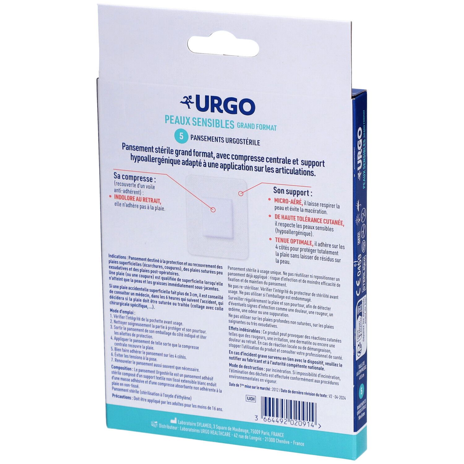 Dos de la boîte Urgo. Inscription: Peaux Sensibles Grand Format. Informations produit, instructions d'utilisation et ingrédients.