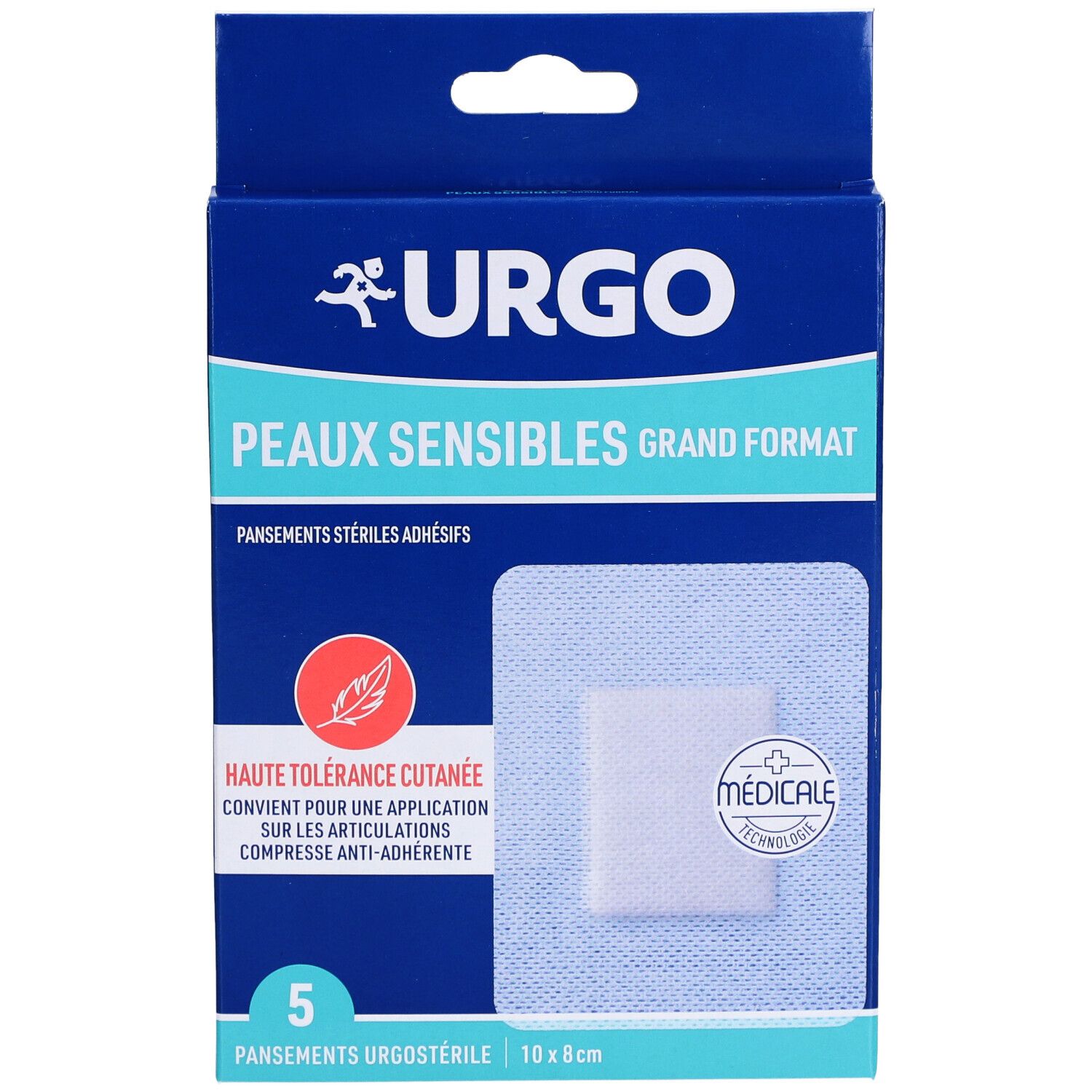 Boîte bleue et blanche Urgo. Inscription: Peaux Sensibles Grand Format. 5 pansements stériles adhésifs. Dimensions: 10x8cm.