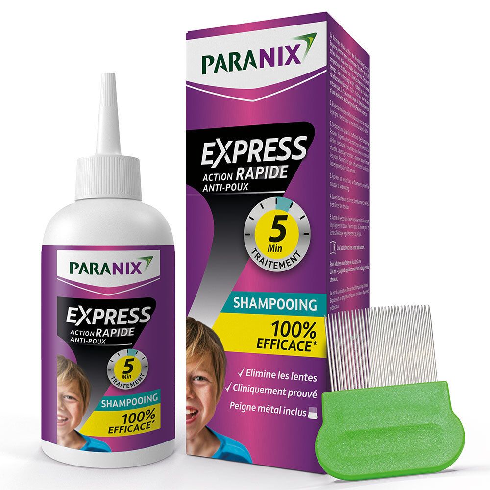 PARANIX Express Shampooing, fles en verpakking. Bevat een metalen kam. 100% effectief.