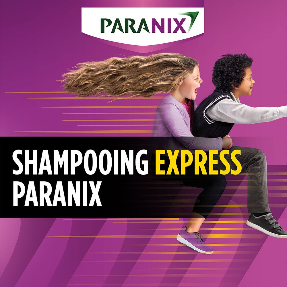 Reclame voor PARANIX Express Shampooing. Kinderen rennen. Tekst: Shampooing Express PARANIX.
