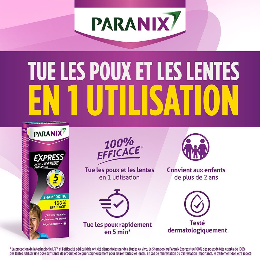 PARANIX Express Shampooing. Tekst: Doodt luizen en neten in 1 toepassing. 100% effectief.