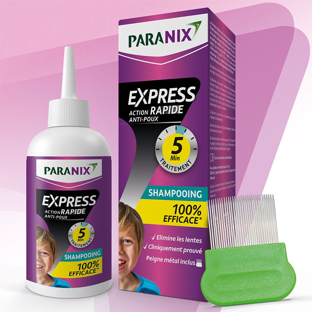 PARANIX Express Shampooing, fles en verpakking. Bevat een metalen kam. 100% effectief.
