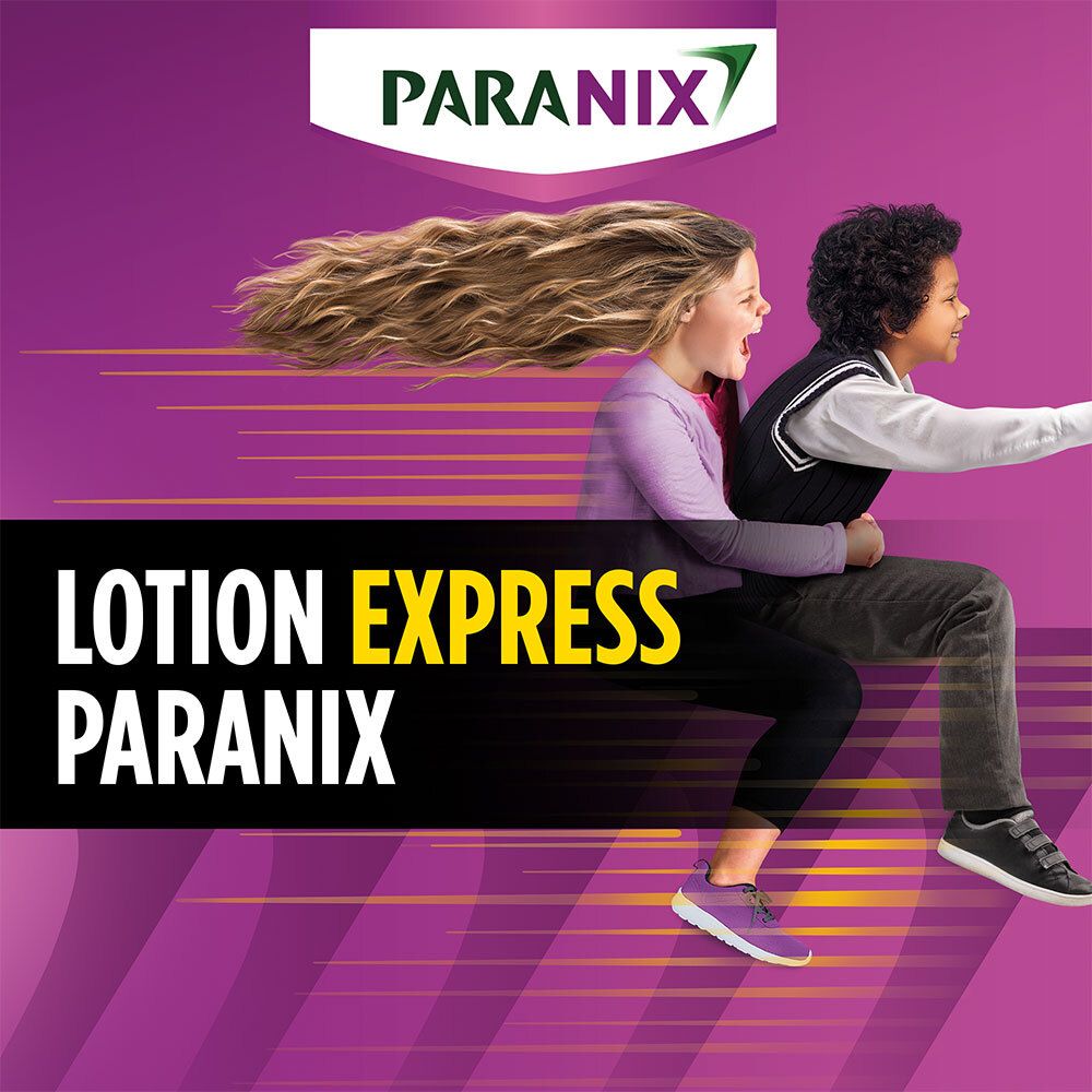 Reclame voor PARANIX Express Lotion. Twee kinderen rennen. Tekst: Lotion Express PARANIX.