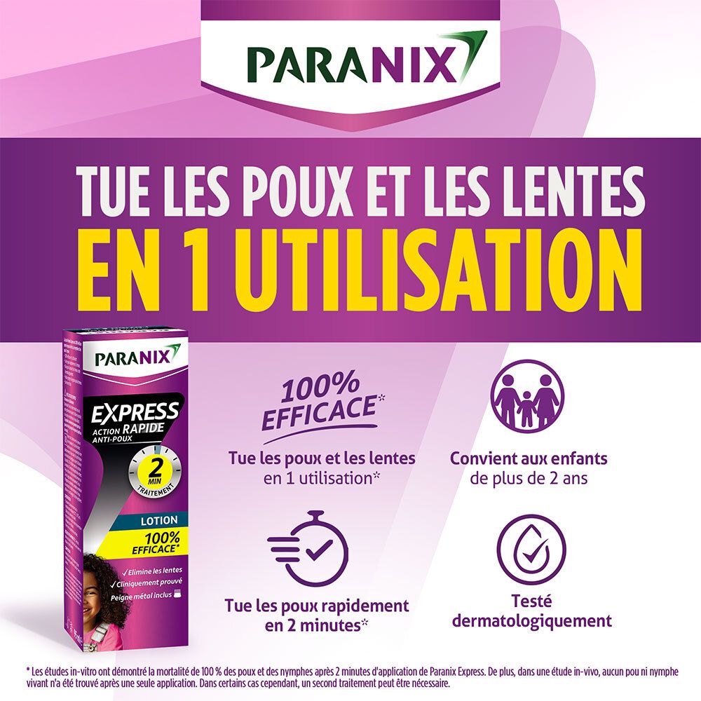 PARANIX logo. Tekst: Doodt luizen en neten in 1 gebruik. Geschikt voor kinderen vanaf 2 jaar.
